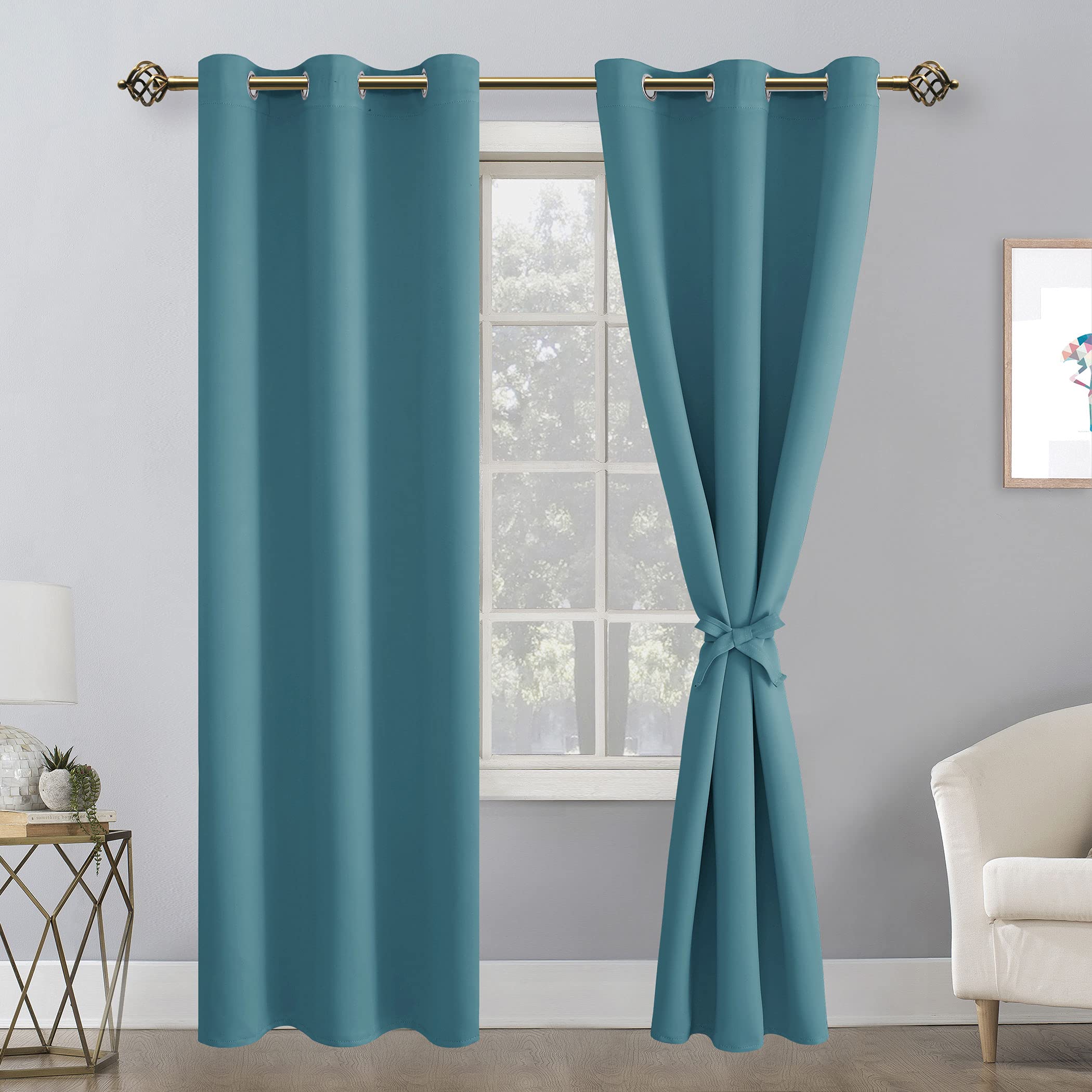 Hiasan Blackout Curtains For Bedroom, 38 X 84 Inches Long - Thermal Insulated & Light Blocking Window Curtains For Living Room, 2 Drape Panels Sewn With Tiebacks, Turquoise
