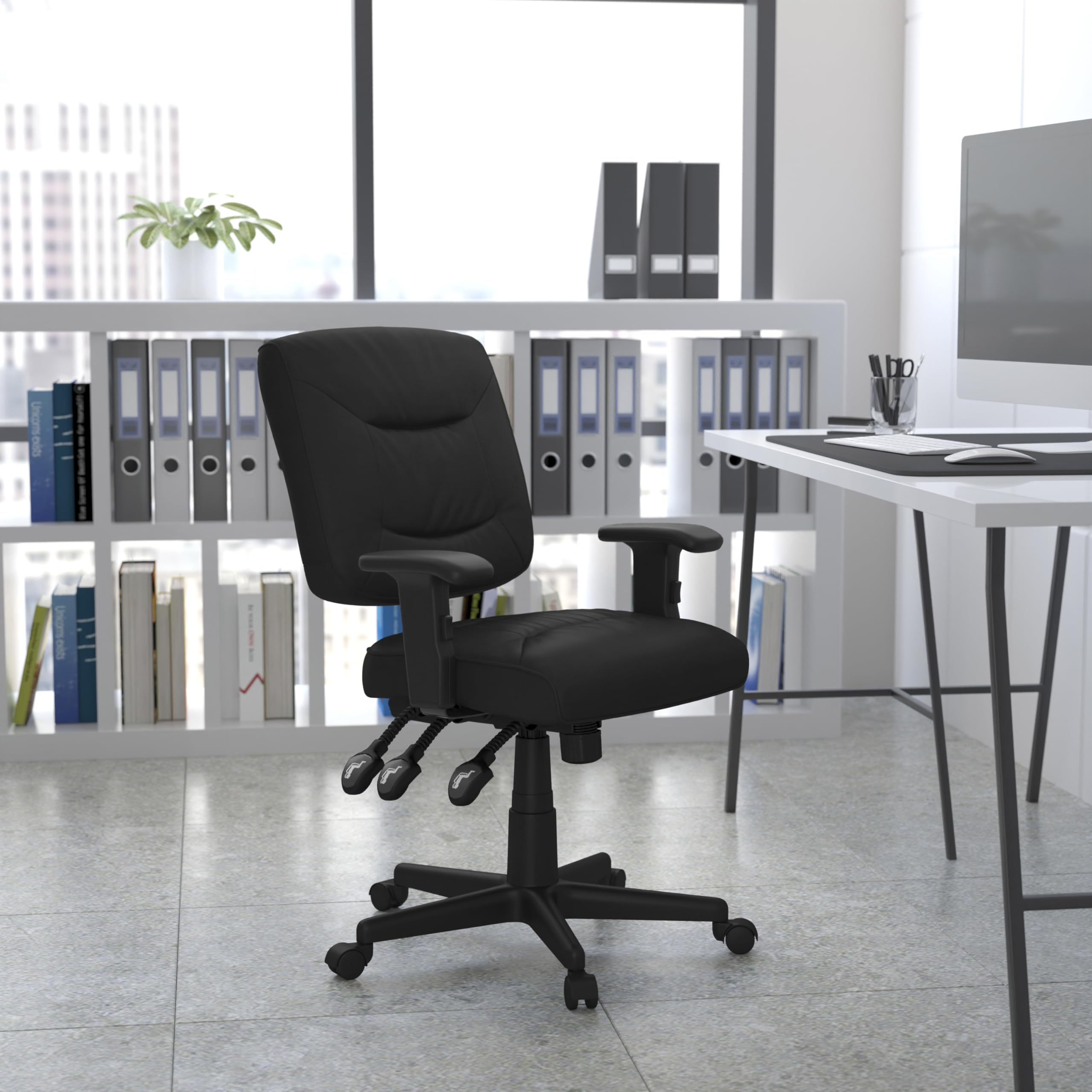 Flash Furniture Cole Mid-Back Black LeatherSoft Multifunction Swivel Ergonomic Task Office Chair with Adjustable Arms