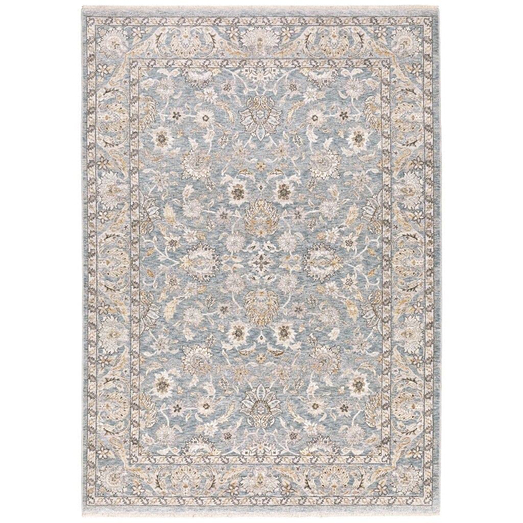 HomeRoots Polyester 9' x 12' Blue Ivory Machine Woven Floral Oriental Indoor Area Rug