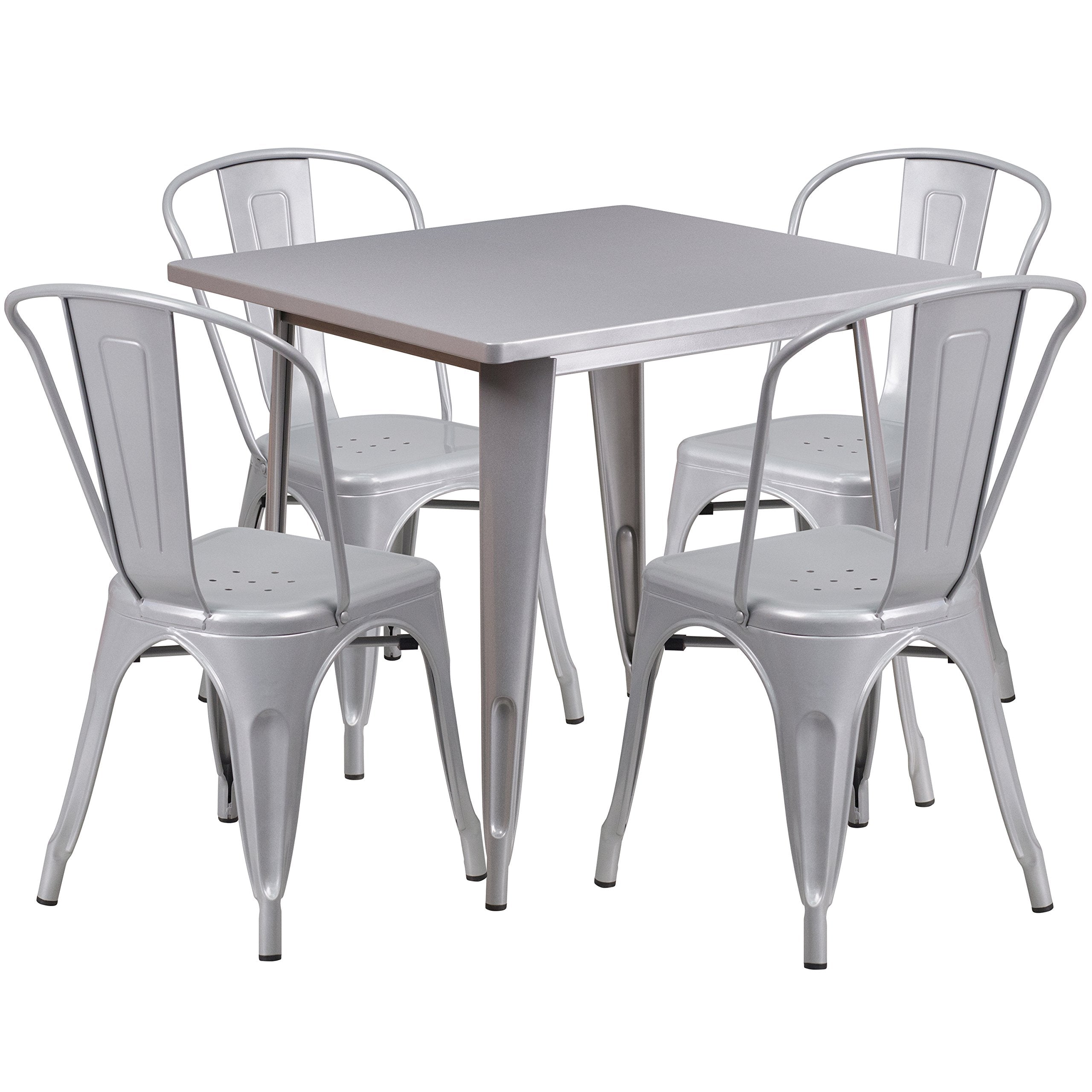 Flash Furniture Commercial Grade 31.5' Square Silver Metal Indoor-Outdoor Table Set With 4 Stack Chairs