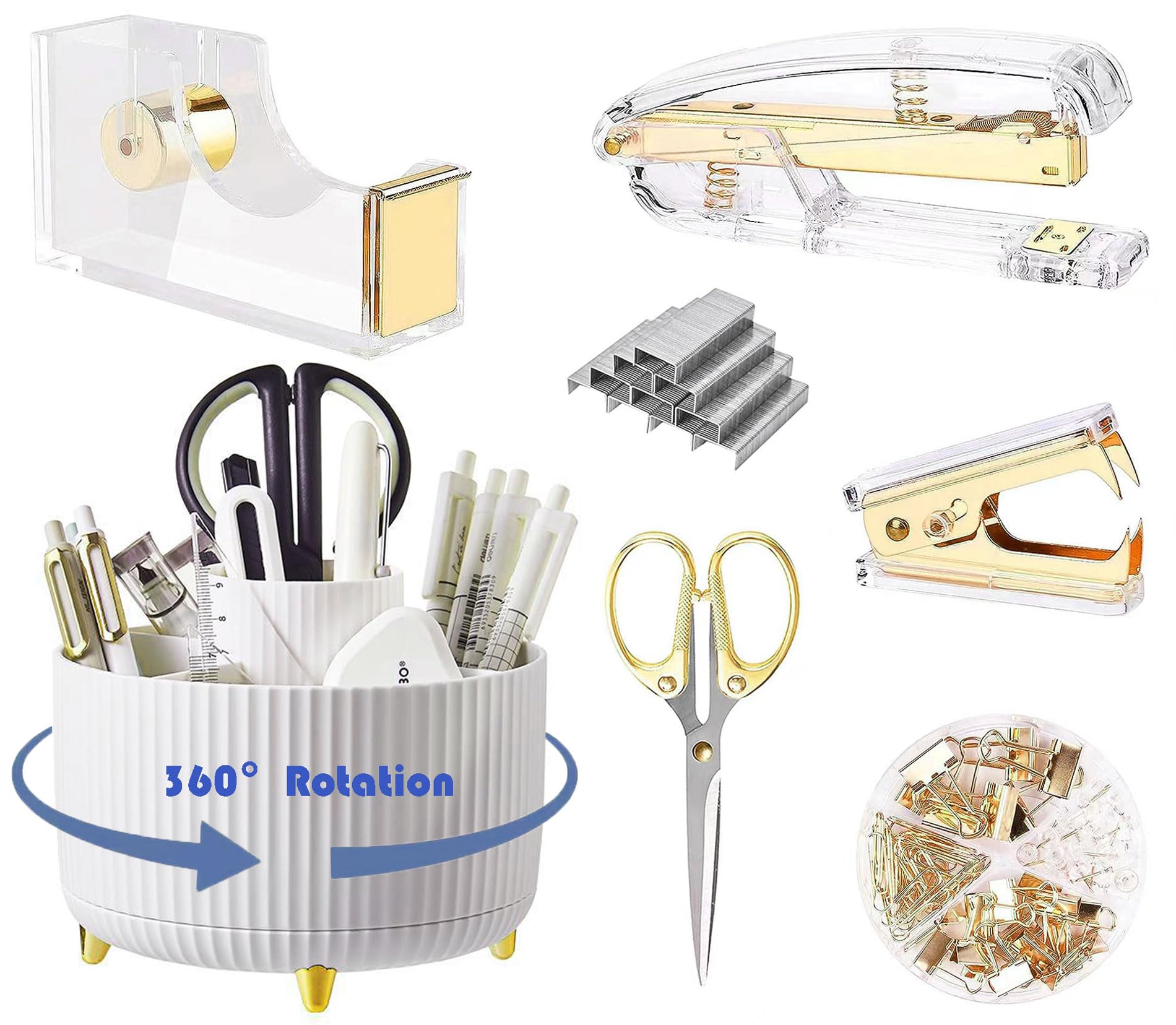 Gold Desk Organizers And Accessories 7Pcs Set With 360-Degree Rotating Pen Holder, Acrylic Stapler, Tape Holder, Staple Remover,