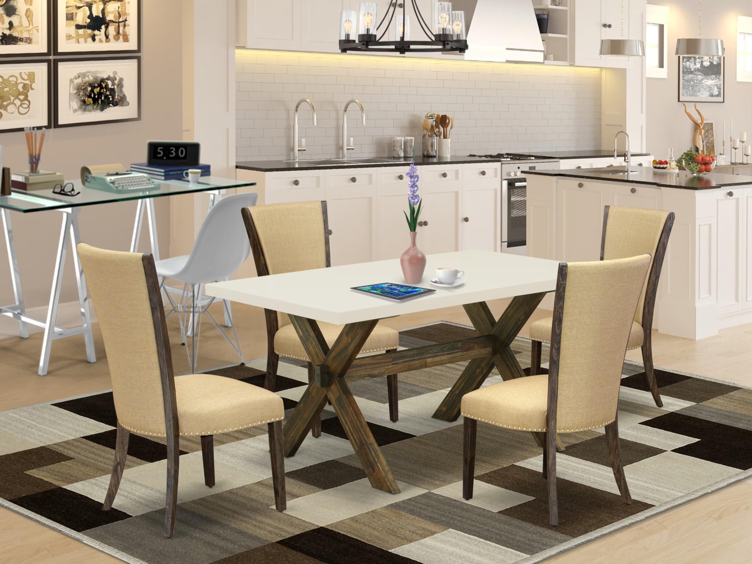 East West Furniture X726Ve703-5 5 Piece Dinette Set For 4 Includes A Rectangle Dining Table With X-Legs And 4 Brown Linen Fabric Parson Dining Room Chairs, 36X60 Inch, Multi-Color