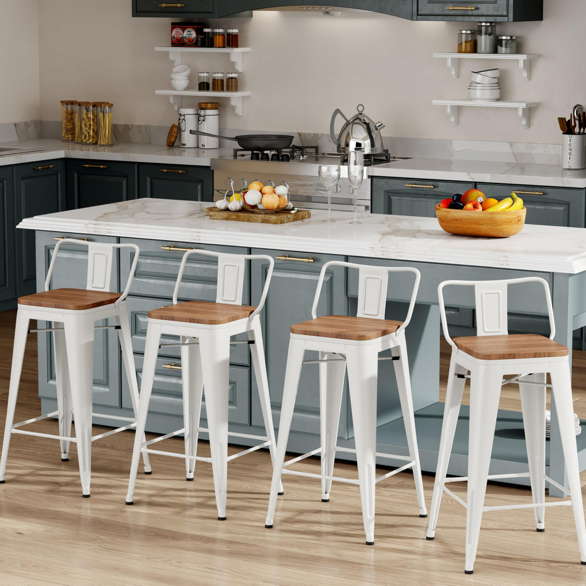 Changjie Furniture 24 Inch Bar Stools Set Of 4 Industrial Metal Barstools Counter Height Bar Stool With Backs For Home Kitchen (24 Inch, White)