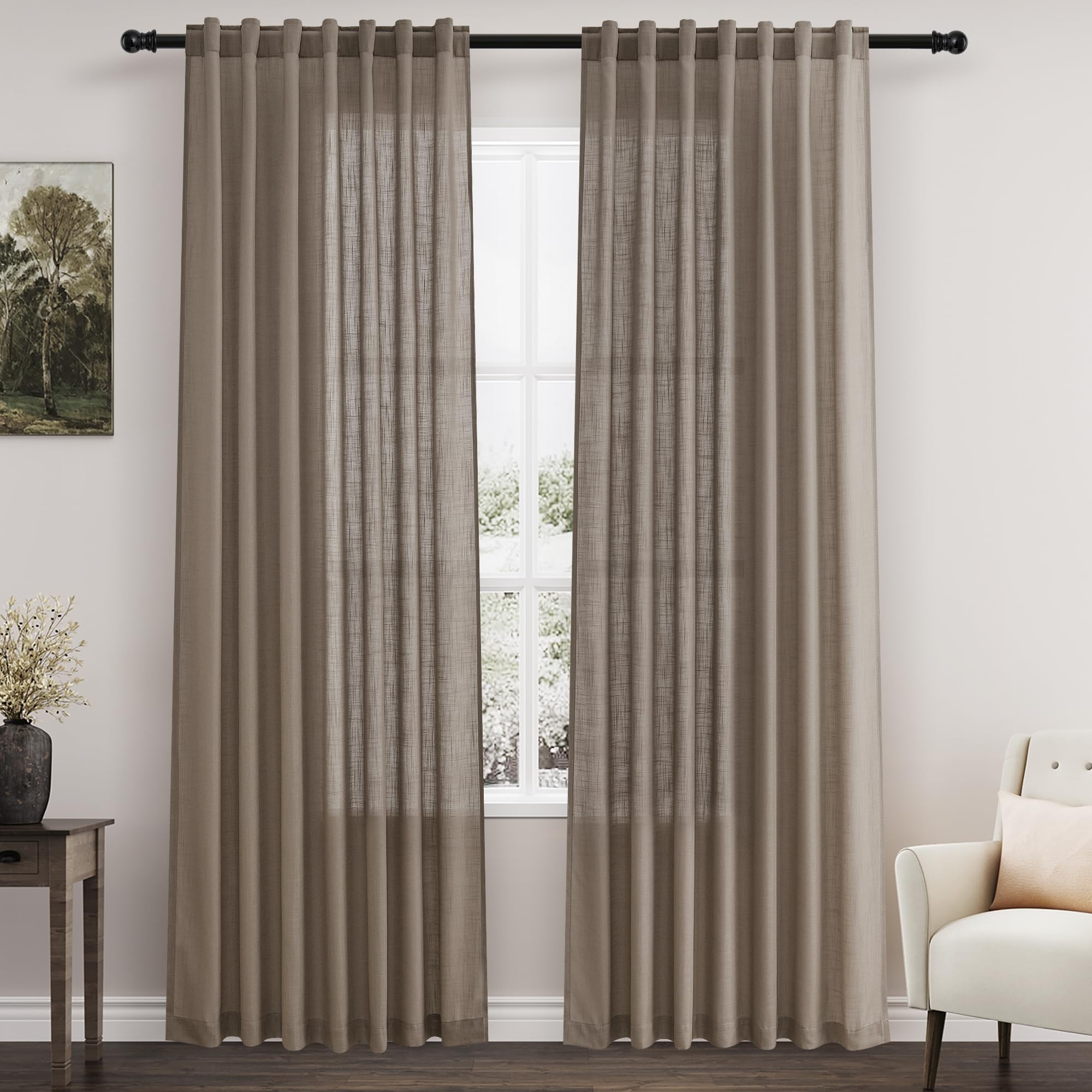 Nanspring Dark Taupe Semi Sheer Curtains 84 Inches Long 2 Panel Set Pocket Back Tab Linen Light Filtering Room Decor Curtain Dra