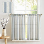 Jinchan Linen Kitchen Curtains Striped Tier Curtains 36 Inch Cafe Curtains Farmhouse Small Curtains Balanced Stripe Half Window Curtains Light Filtering For Bathroom Laundry 2 Panels Blue On Beige