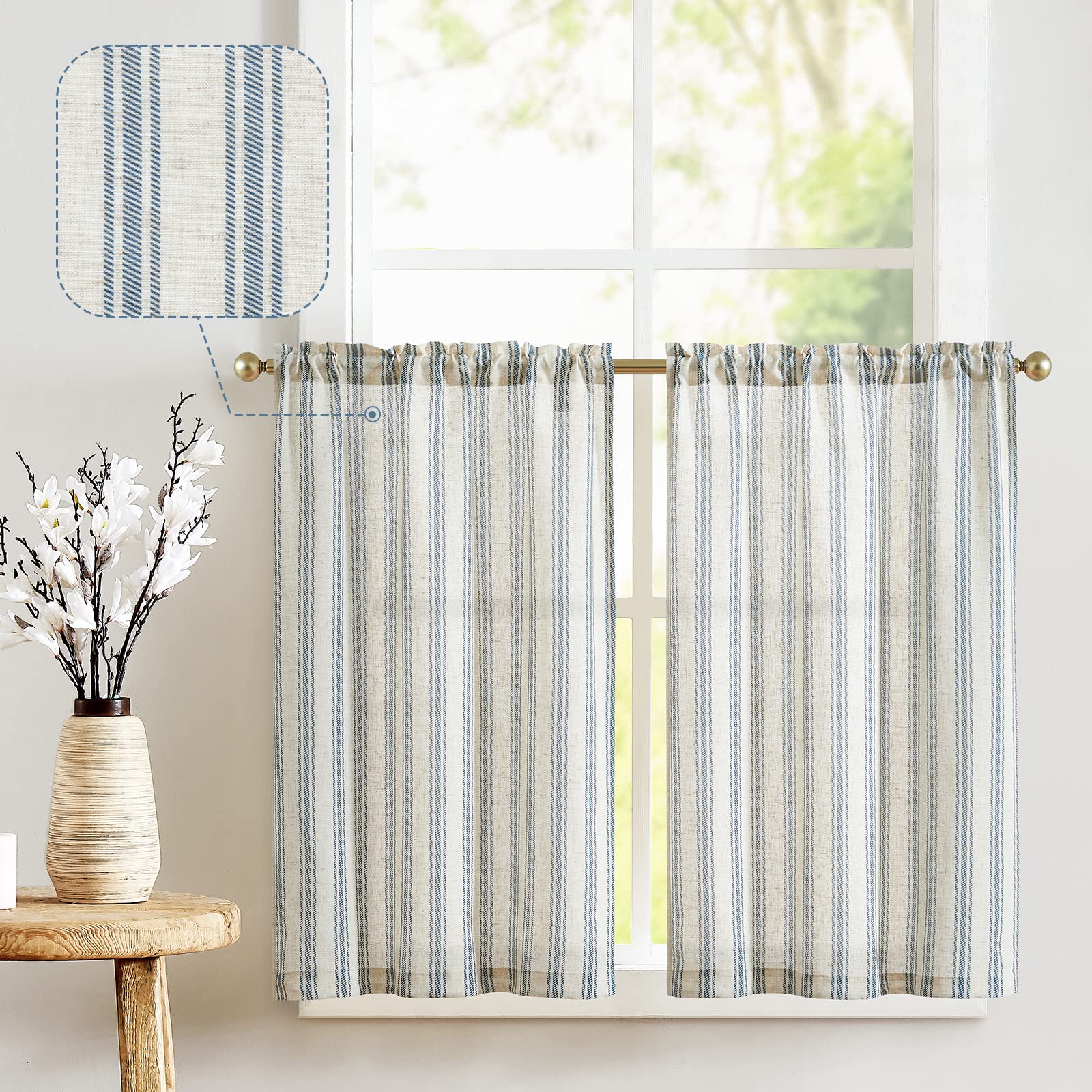 Jinchan Linen Kitchen Curtains Striped Tier Curtains 24 Inch Cafe Curtains Farmhouse Small Curtains Balanced Stripe Half Window Curtains Light Filtering For Bathroom Laundry 2 Panels Blue On Beige