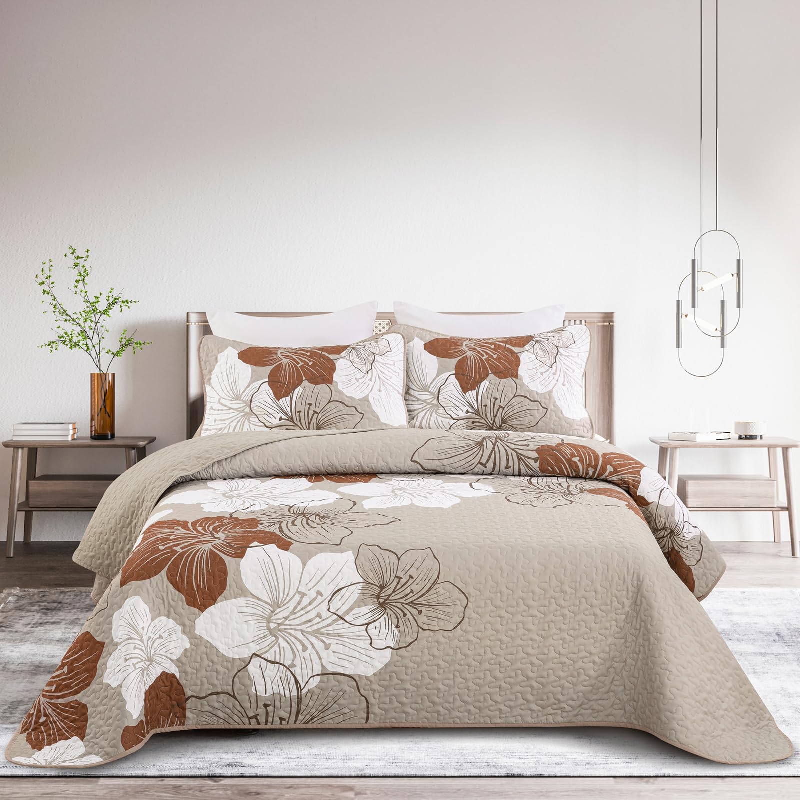 Djy 3 Pieces Quilt Set California King Taupe Floral Pattern Quilt Coverlet Set Boho Floral Bedspread With 2 Pillow Shams Lightwe