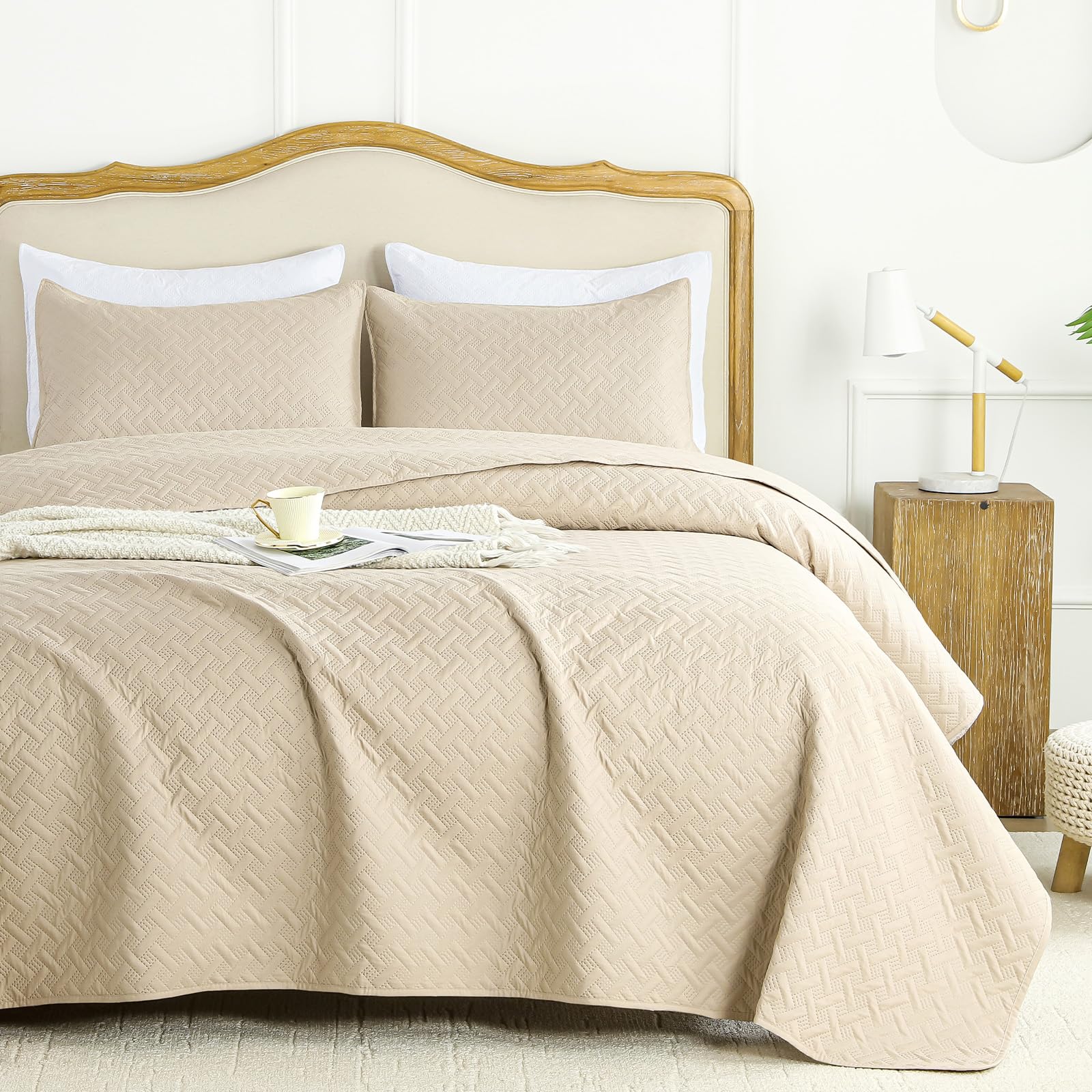 Flymme Beige Twin Quilt Bedding Set Thin Lightweight Bedspreads,Modern Style Geometric Weave Stripe Pattern,Soft Microfiber Bed