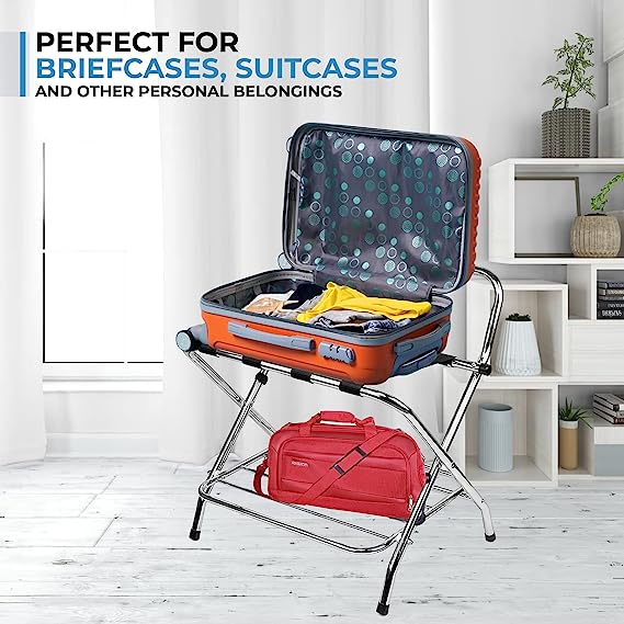 2-Tier Folding Luggage Rack with High Back, Rubber Feet, Black Alloy Steel