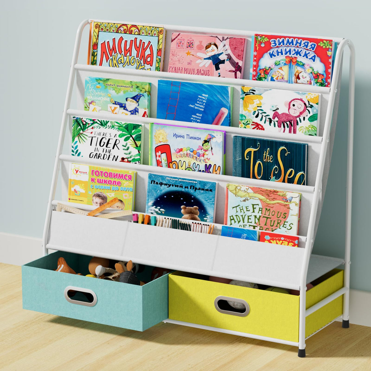 Coonoor Kids Bookshelf - 4 Tier Small Bookcase for Kids Room, Metal Nursery Book Shelf, Sling Book Shelf and Toy Storage for Chi