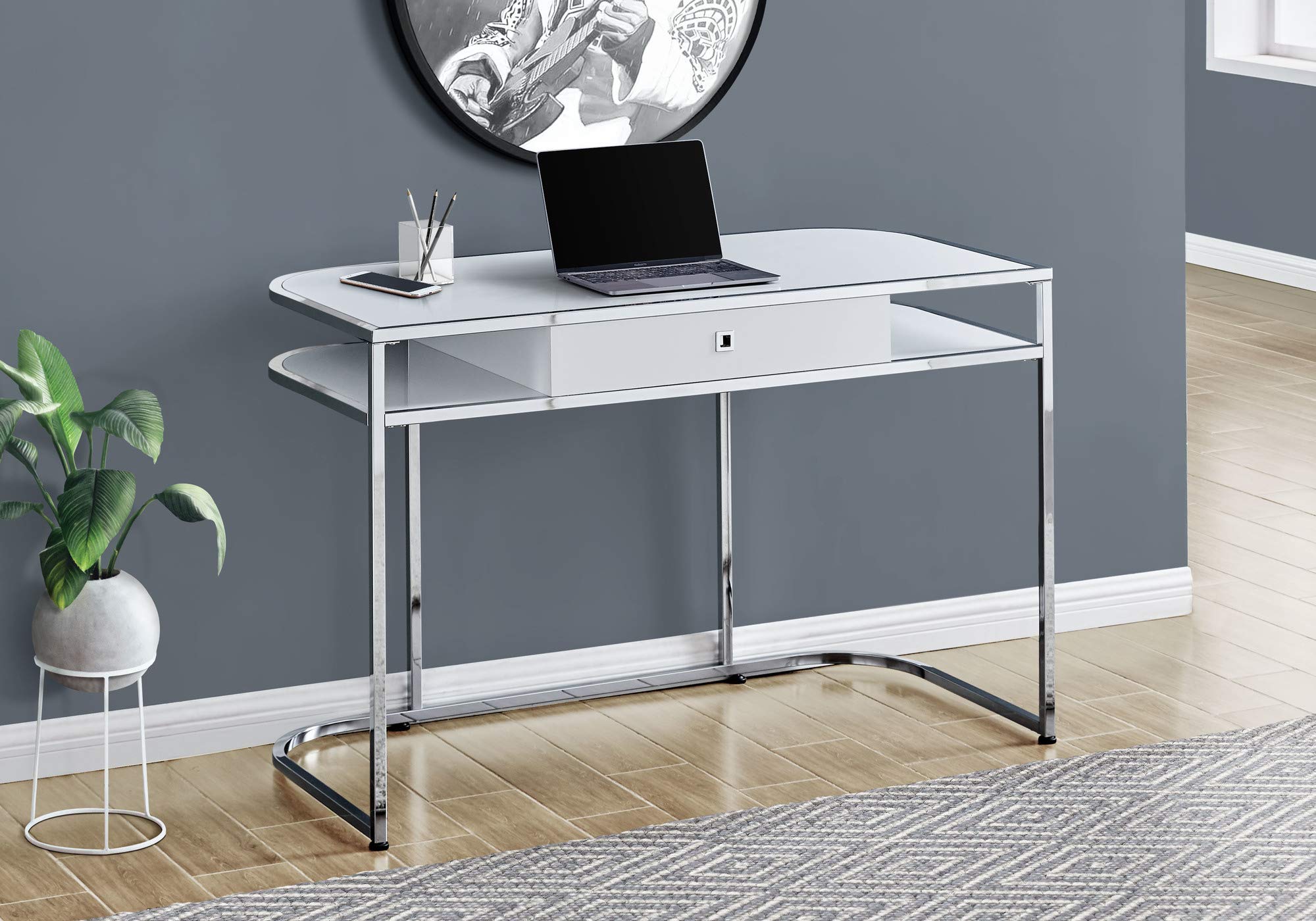 Monarch Specialties I 7520 Computer Desk, Home Office, Laptop, Storage Drawers, 48&quot; L, Work, Metal, Laminate, White, Chrome, Contemporary, Modern