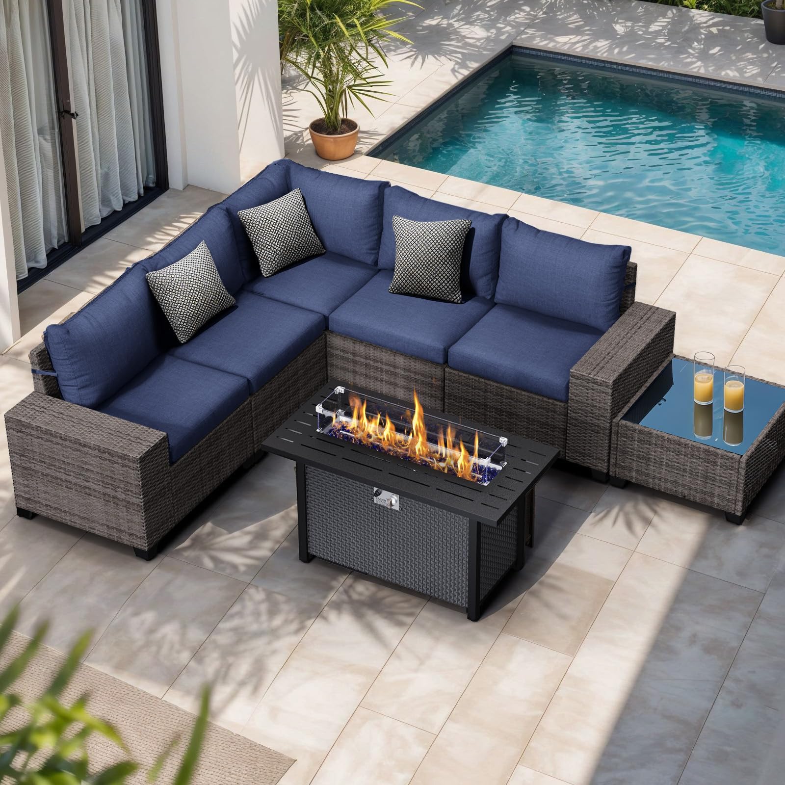 Joivi 7 Pieces Outdoor Patio Furniture Set With 45    50000Btu Fire Pit Table, Rattan Patio Conversation Set With Coffee Table,