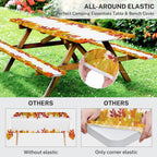 Britown Brown Wooden Picnic Table Cover With Bench Covers, Happy Camper Fitted Rectangle Table Cover, Outdoor Patio Camping Esse