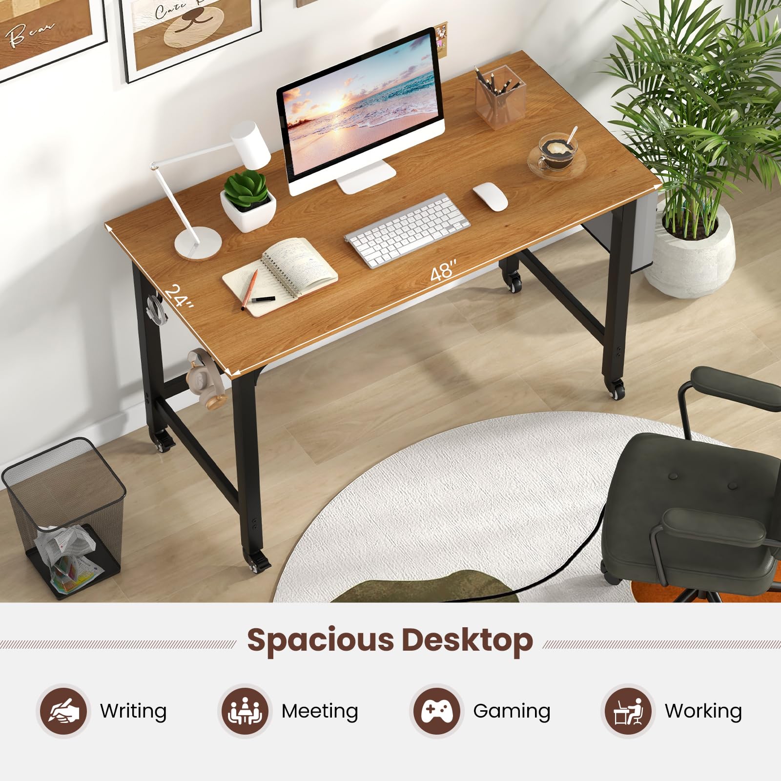 Costway 48” Mobile Computer Desk, Home Office Desk On Wheels, Simple Study Writing Table With 4 Lockable Wheels, Metal Frame, Rolling Laptop Pc Table For Small Space (Natural)