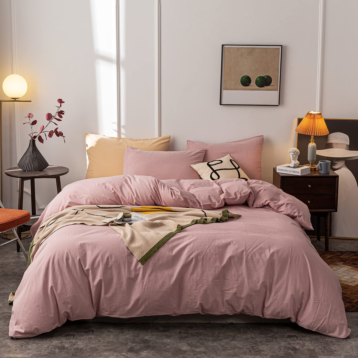 Janlive Washed Cotton Duvet Cover Full Ultra Soft 100% Cotton Solid Color Dusty Pink Duvet Cover Set With Zipper Closure -3 Piec
