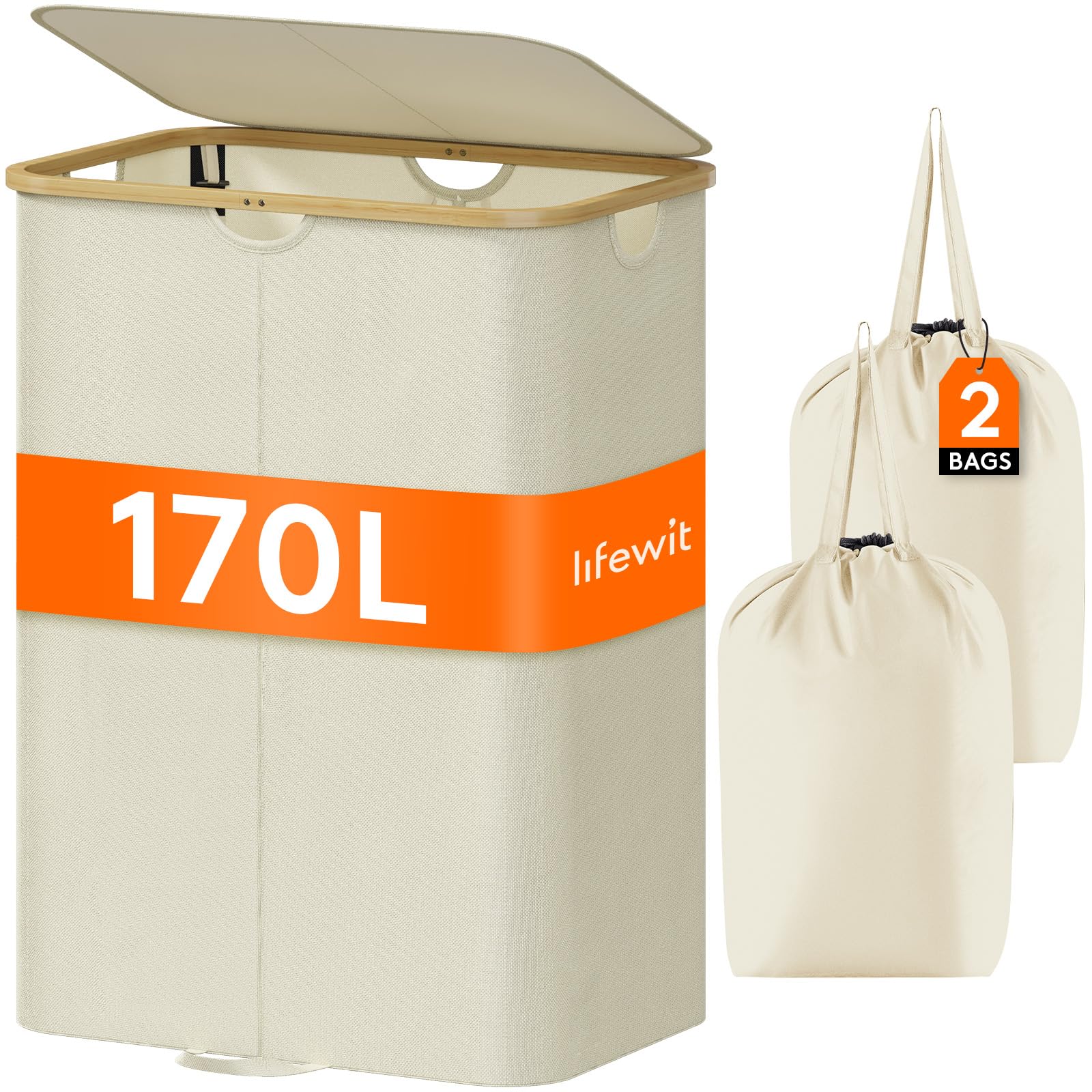 Lifewit 170L Double Laundry Hamper with Lid, Large Dual Laundry Basket Removable Bags, 2 Sections Aesthetic Clothes Hampers for 