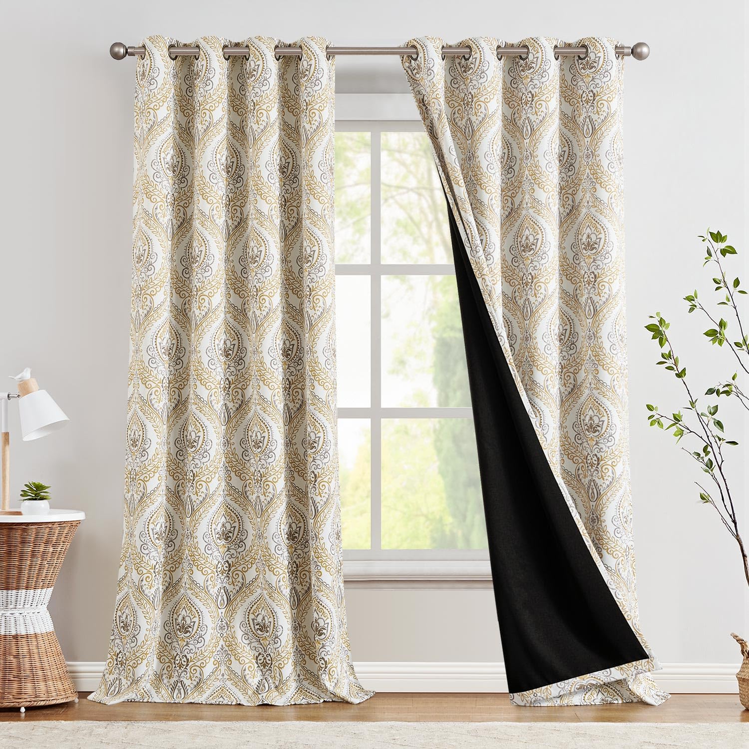 Jinchan 100% Blackout Curtains 96 Inches Long Yellow Damask Medallion Window Curtains For Bedroom Grommet Thermal Insulated Drapes For Living Room Vintage Luxury Window Treatments Set 2 Panels