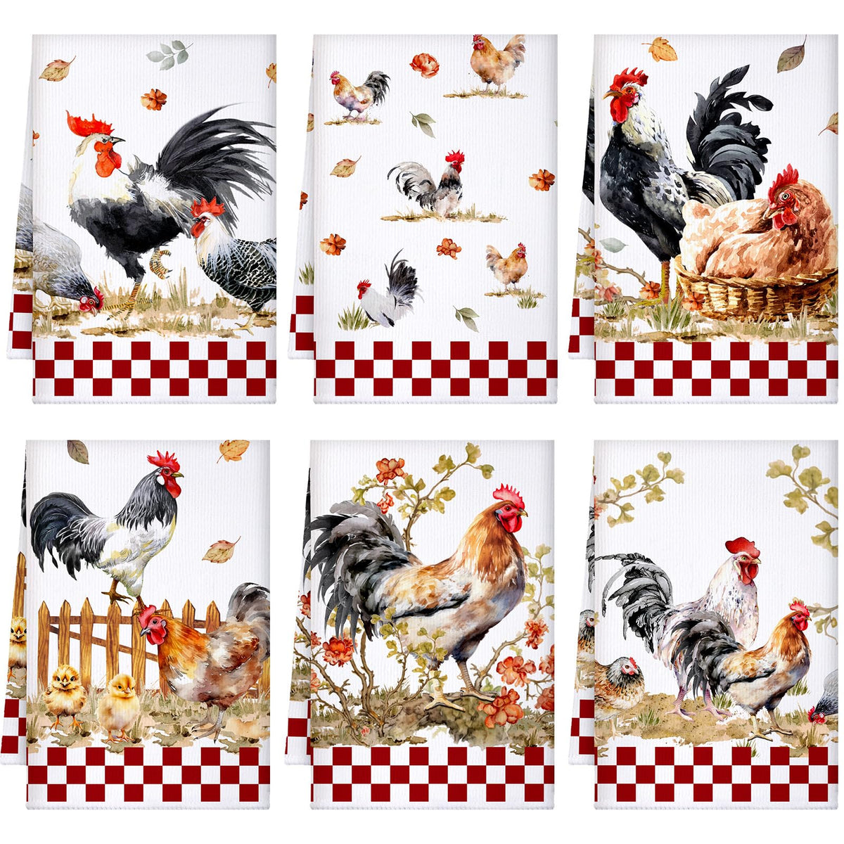 Sunnyray 6 Pcs Farmhouse Rooster Kitchen Towels Dish Cloths