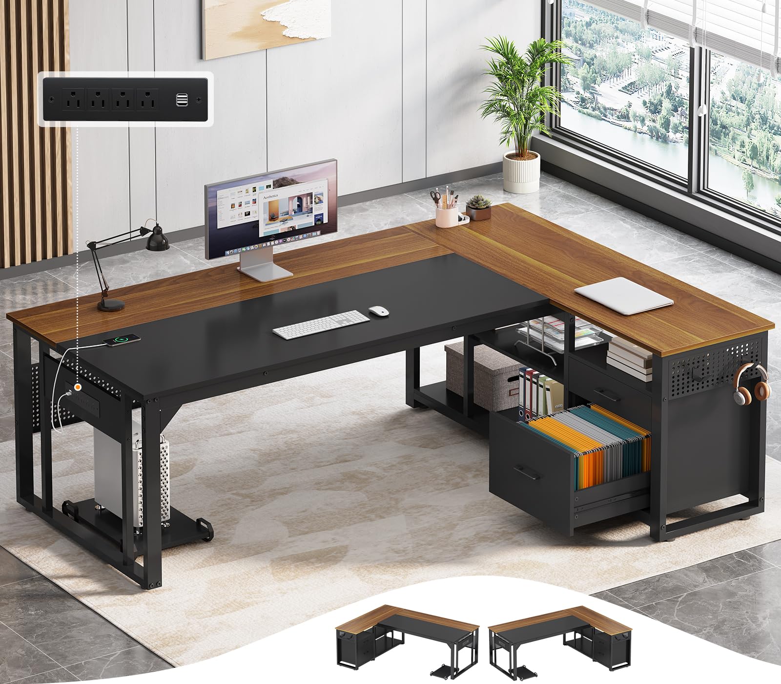 UPOSOJA 71 in Executive Desk with Power Outlets, Reversible L Shaped Computer Desk with File Drawers & Storage Shelves, Large Of