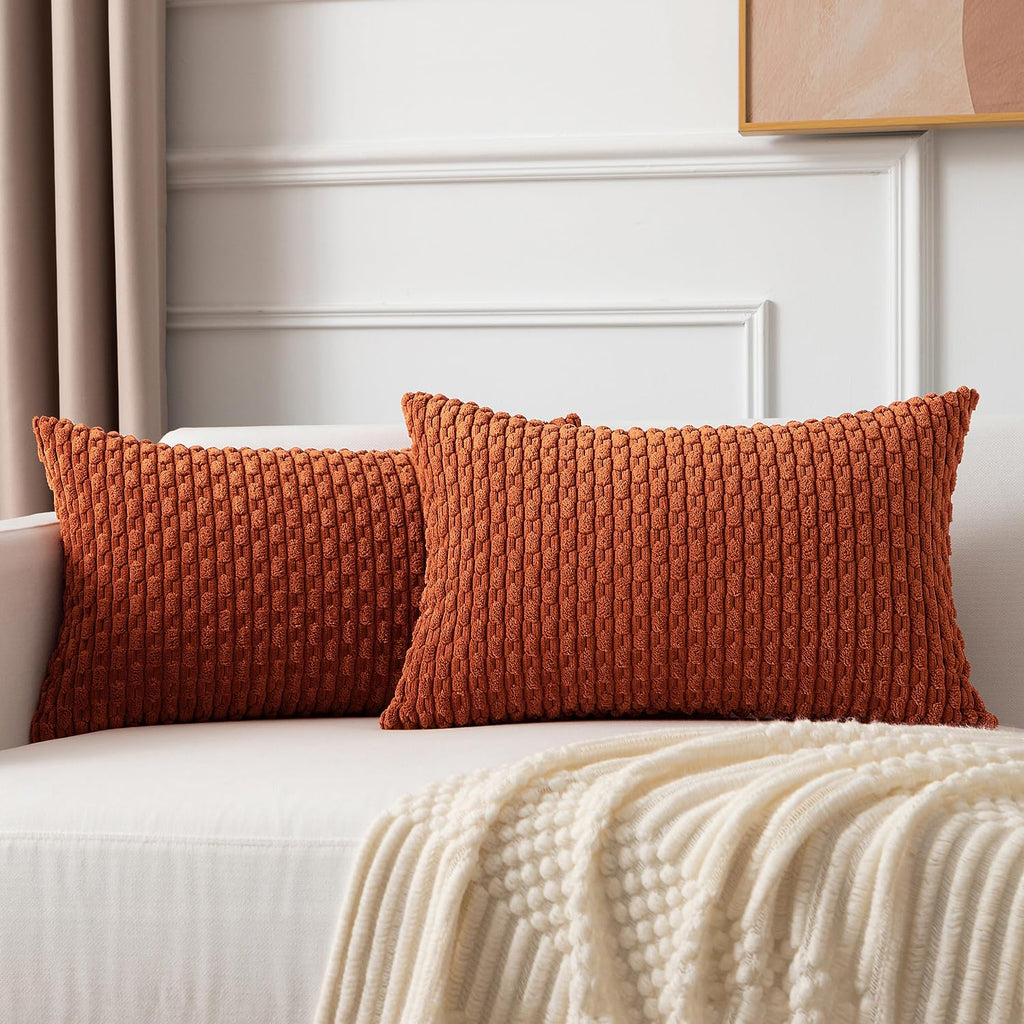 Kevin Textile Pack Of 2 Corduroy Decorative Throw Pillow Covers 12X20 Inch Soft Boho Striped Pillow Covers Modern Farmhouse Home Decor For Spring Sofa Living Room Couch Bed Rust