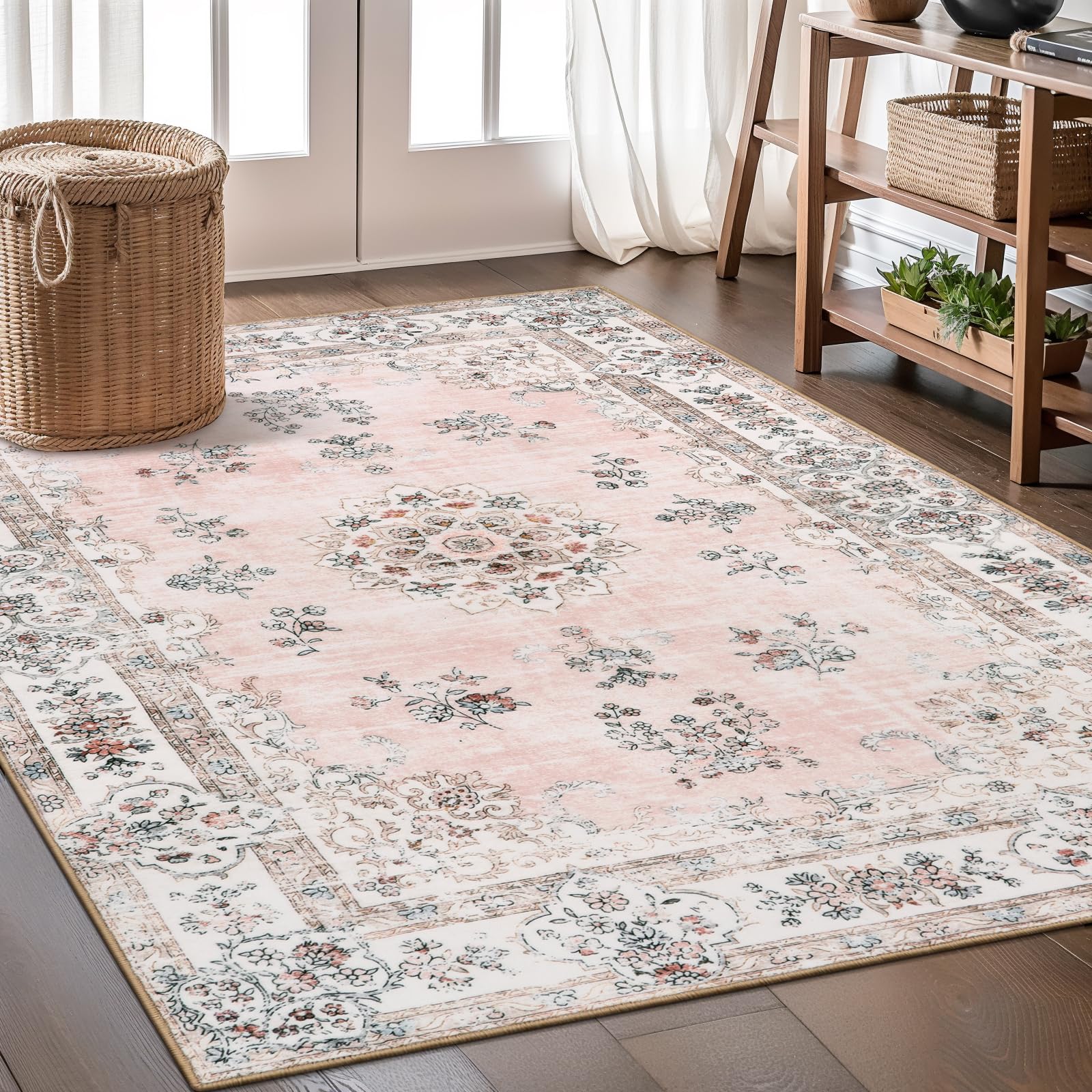 Lahome Washable Pink Rug 5x7 Area Rugs,Boho Soft Large Living Room Rug for Bedroom Girls Nursery Rug Non-Slip, Pastel Floral Pla