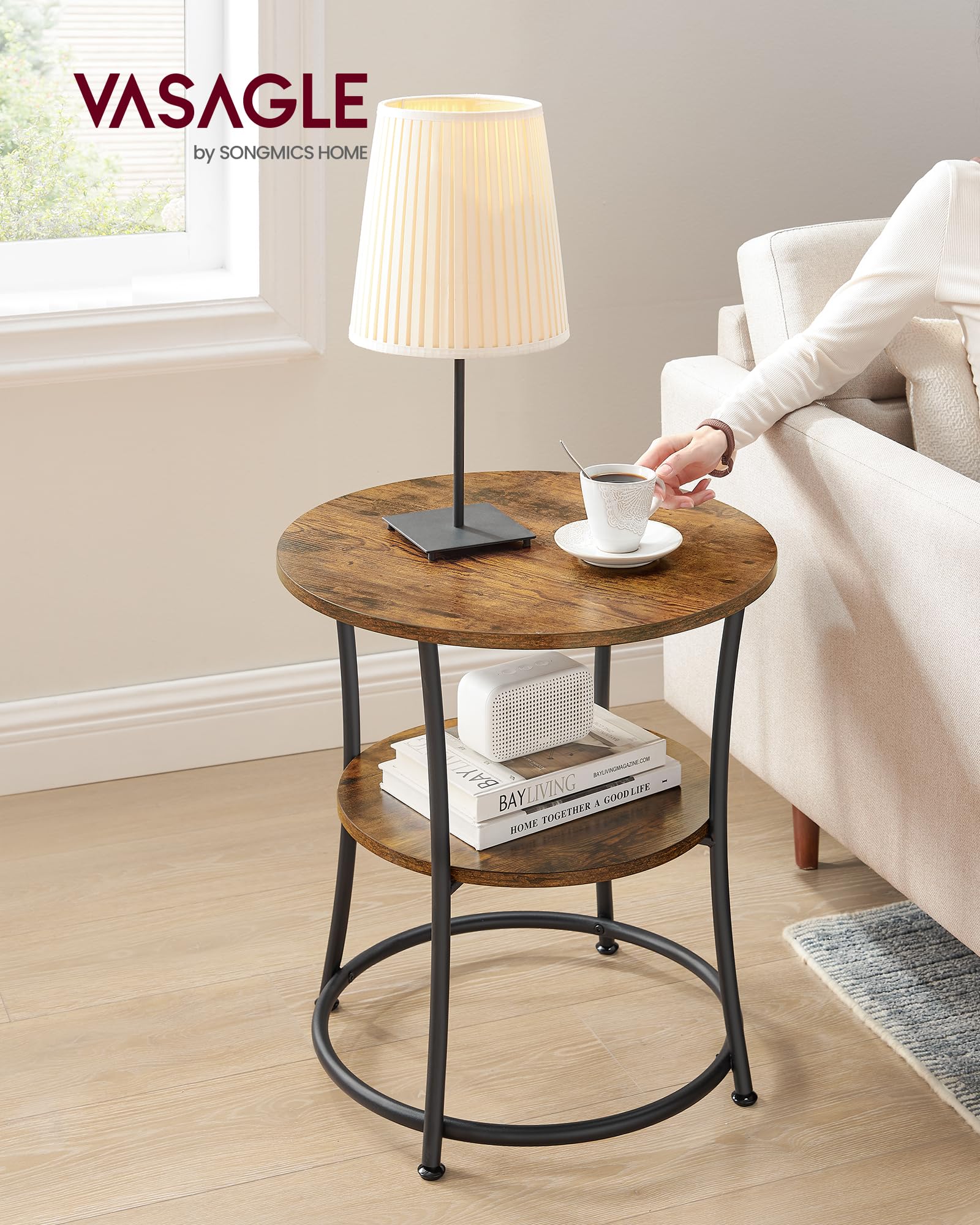 Vasagle Side Table, Round End Table With 2 Storage Shelves For Living Room, Bedroom, Nightstand With Steel Frame For Small Spaces, Accent Coffee Table, Rustic Brown And Ink Black