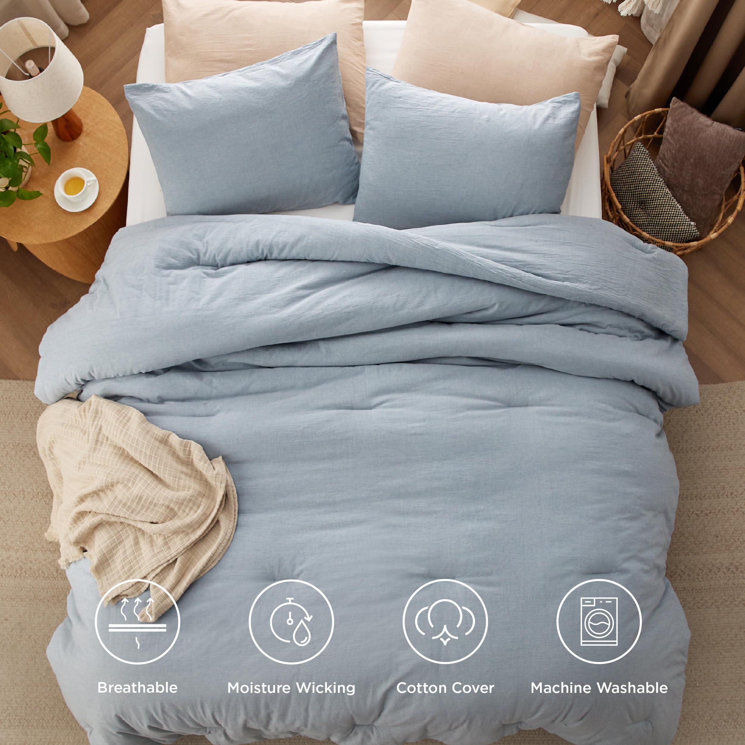 Bedsure Comforter Set Queen Size - Cotton Fabric With Microfiber Inner Fill, Mineral Blue Soft Bed Set For All Seasons, 3 Pieces, 1 Comforter (90' X 90') And 2 Pillow Cases (20' X 26')