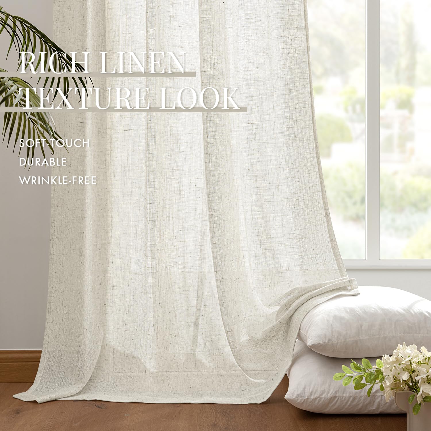 Miulee Natural Linen Curtains 102 Inches Long 2 Panels, Back Tab Pleat Tape With Hooks Soft Thick Linen Textured Window Drapes For Bedroom Living Room Semi Sheer Light Filtering Farmhouse Cream Ivory