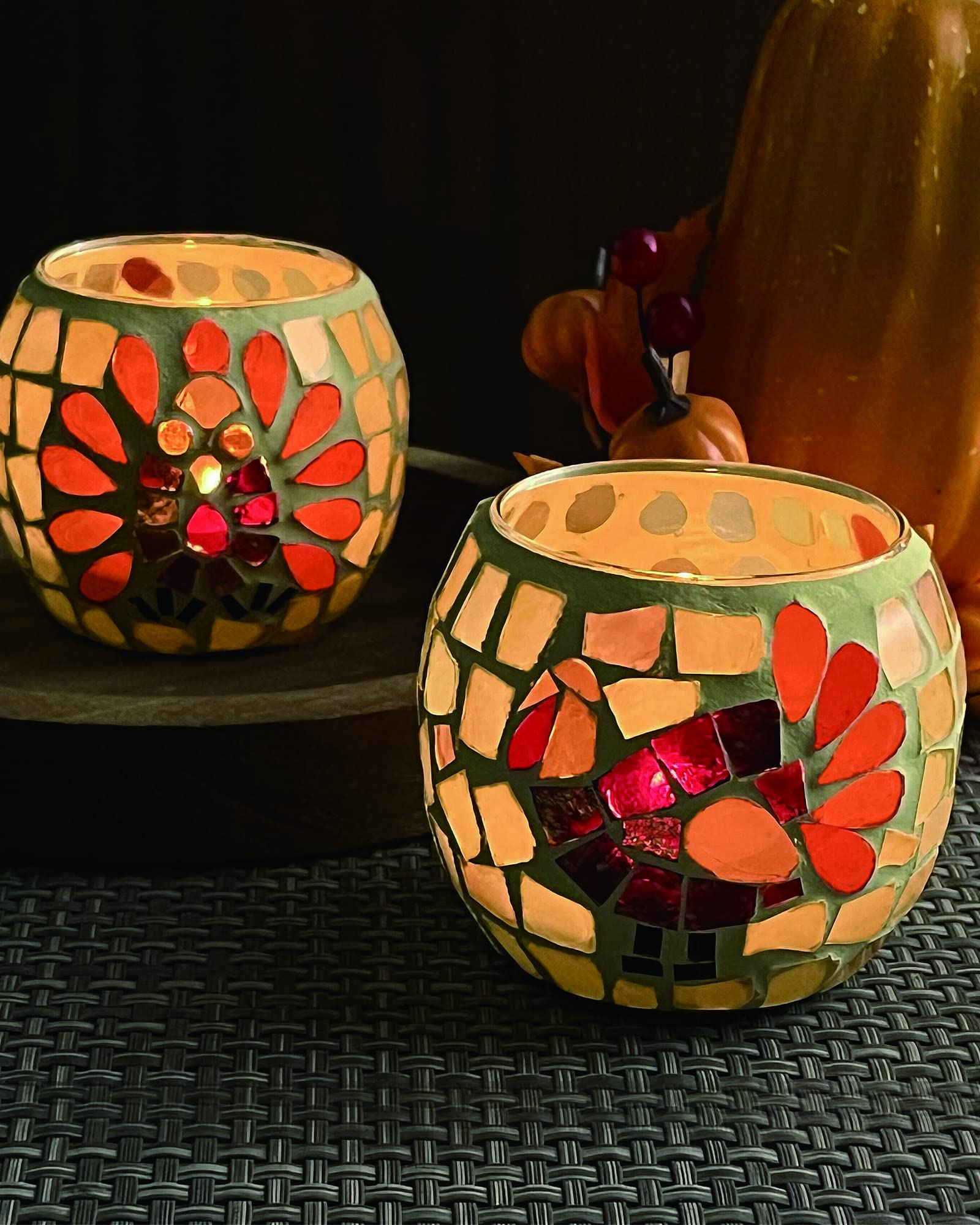 SHMILMH Thanksgiving Votive Candle Holder Set of 4, Mosaic Glass Tealight Holders with Turkey for Fall Table Centerpiece Firepla