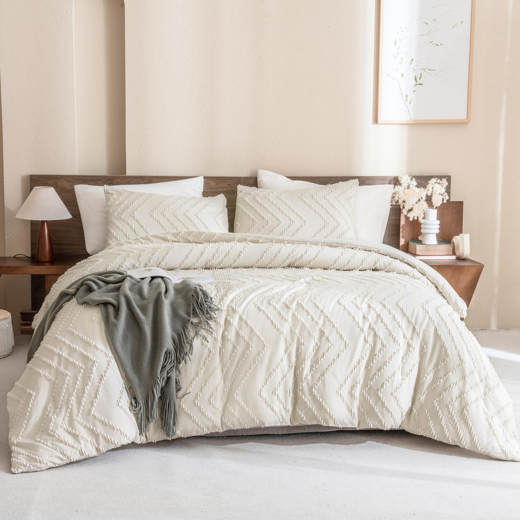 Andency California King Comforter Set Beige, Boho Cal King Cream Soft Warm Tufted Neutral Bedding Comforter Sets, 3 Pieces Cali King Aesthetic Chevron Farmhouse Cute Bohemian Textured Bedding Set