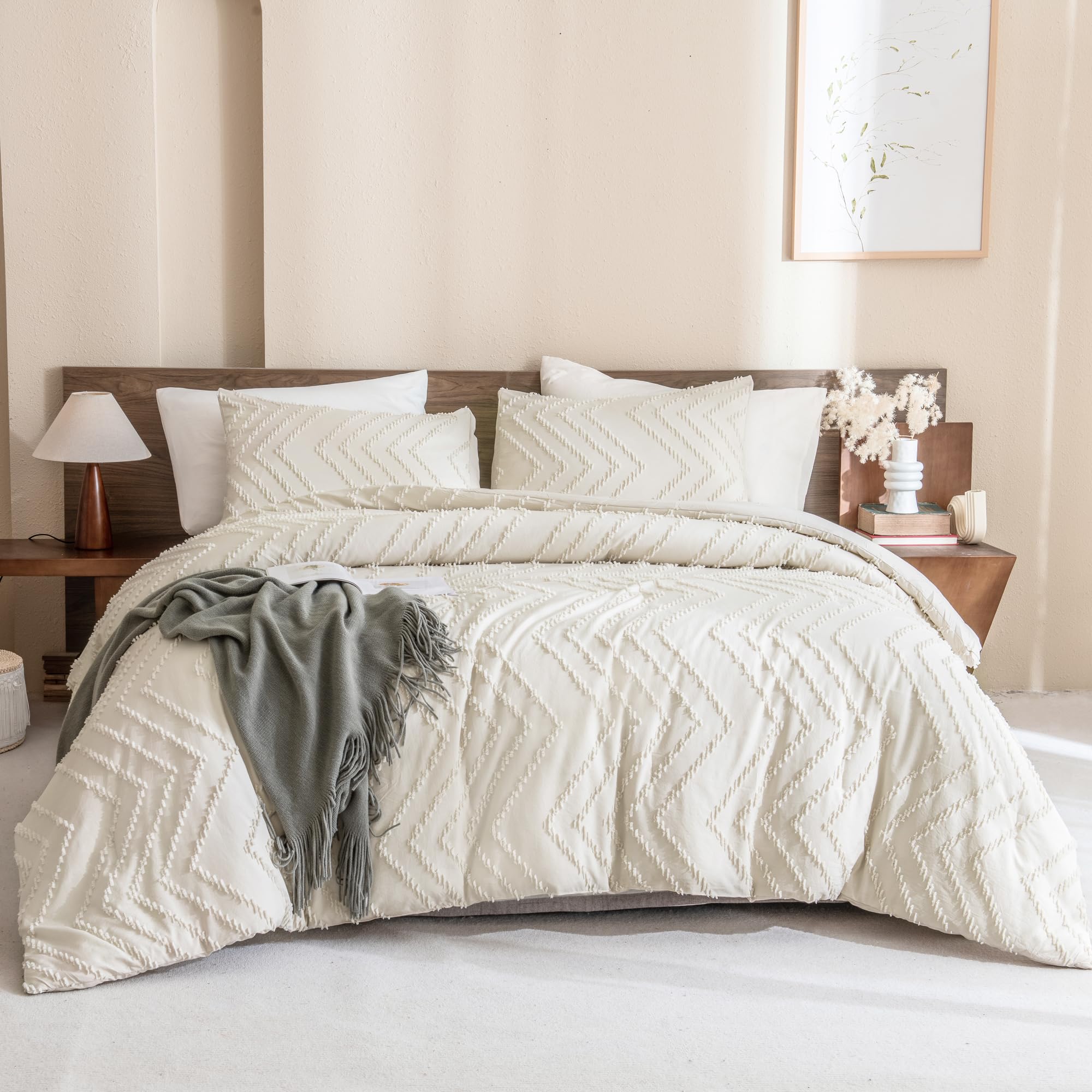 Andency King Size Comforter Set Beige, Boho Cream Soft Warm Tufted Neutral Bedding Comforter Sets For King Size Bed, 3 Pieces Aesthetic Chevron Farmhouse Cute Bohemian Textured Bedding Set