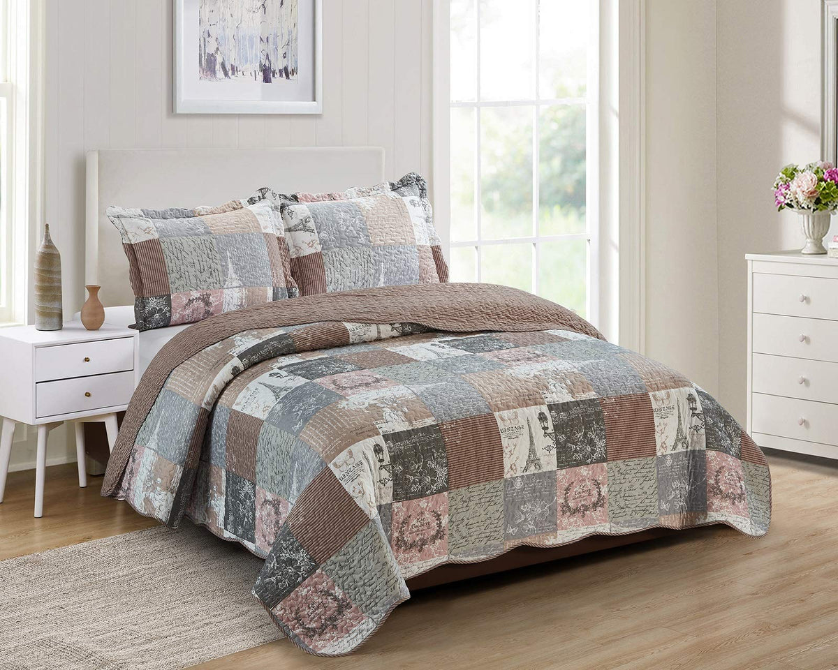 Brilliant Sunshine Latte Grey Paris And Toile Floral Patchwork, 3-Piece Quilt Set With 2 Shams, Reversible Bedspread, Soft Light