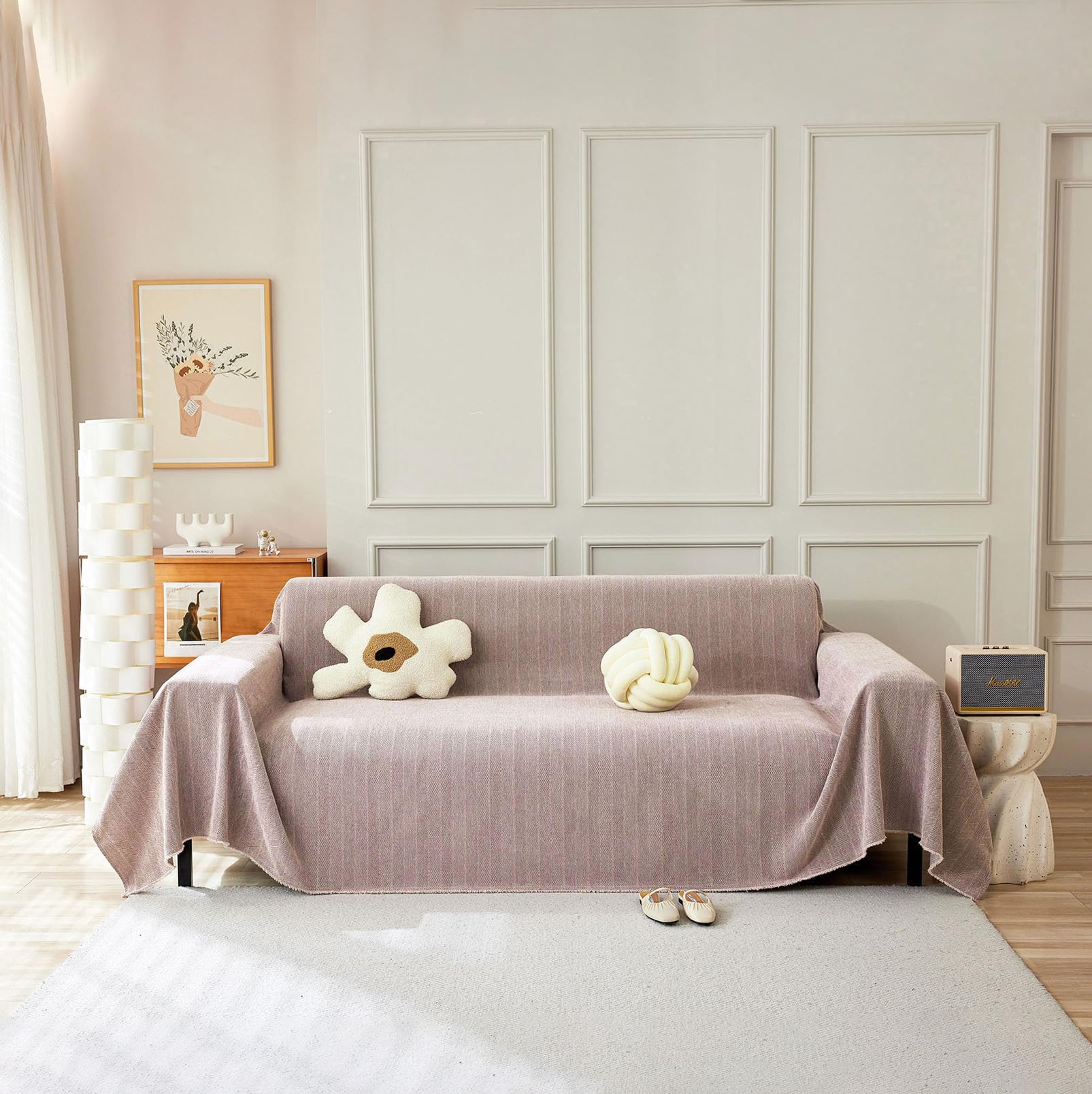 Handontime Soild Couch Covers For Dogs Pink-Purple Sofa Covers Boho Cover For Sofa 3 Seats Chenille Sofa Throw Cover Mauve Sofa Covers For 3 Cushion Couch Tassel Sofa Cover, 91' X134'