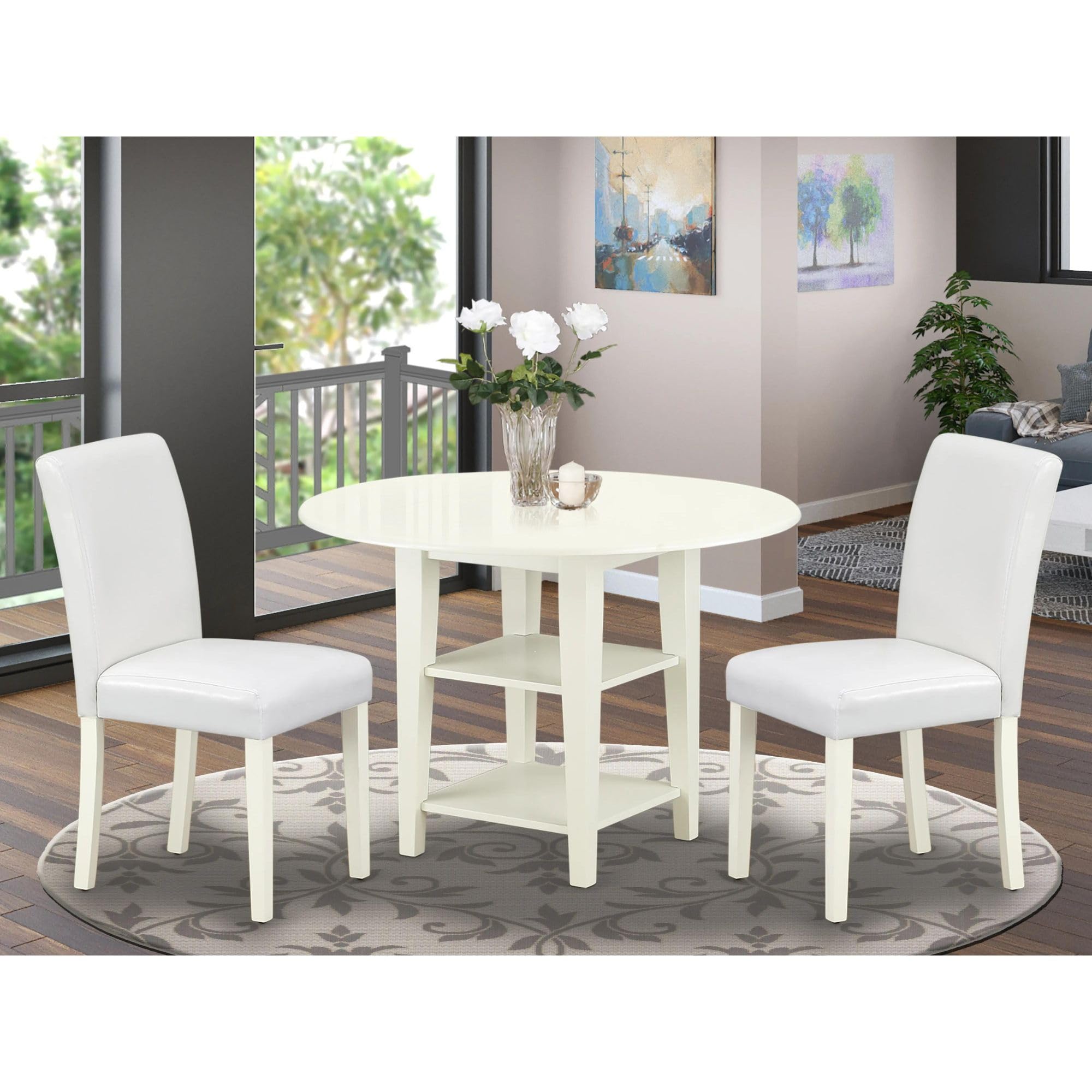 East West Furniture Suab3-Lwh-64 3 Piece Modern Dining Table Set Contains A Round Wooden Table With Dropleaf & Shelves And 2 White Faux Leather Parson Dining Chairs, 42X42 Inch, Linen White