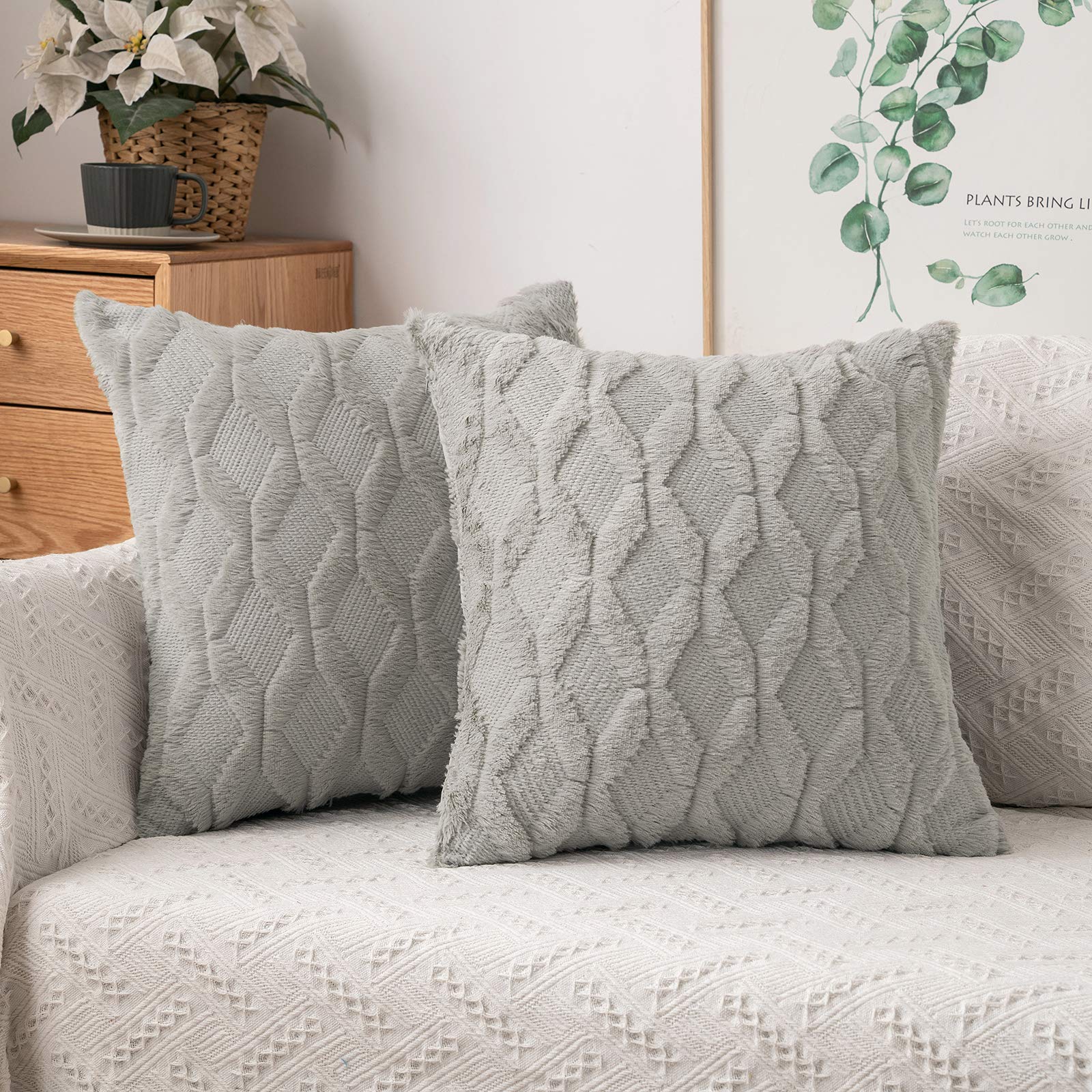 Miulee Light Gray Throw Pillow Covers 18X18 Set Of 2 Decorative Farmhouse Couch Throw Pillows Boho Shells Cute Soft Plush Wool W