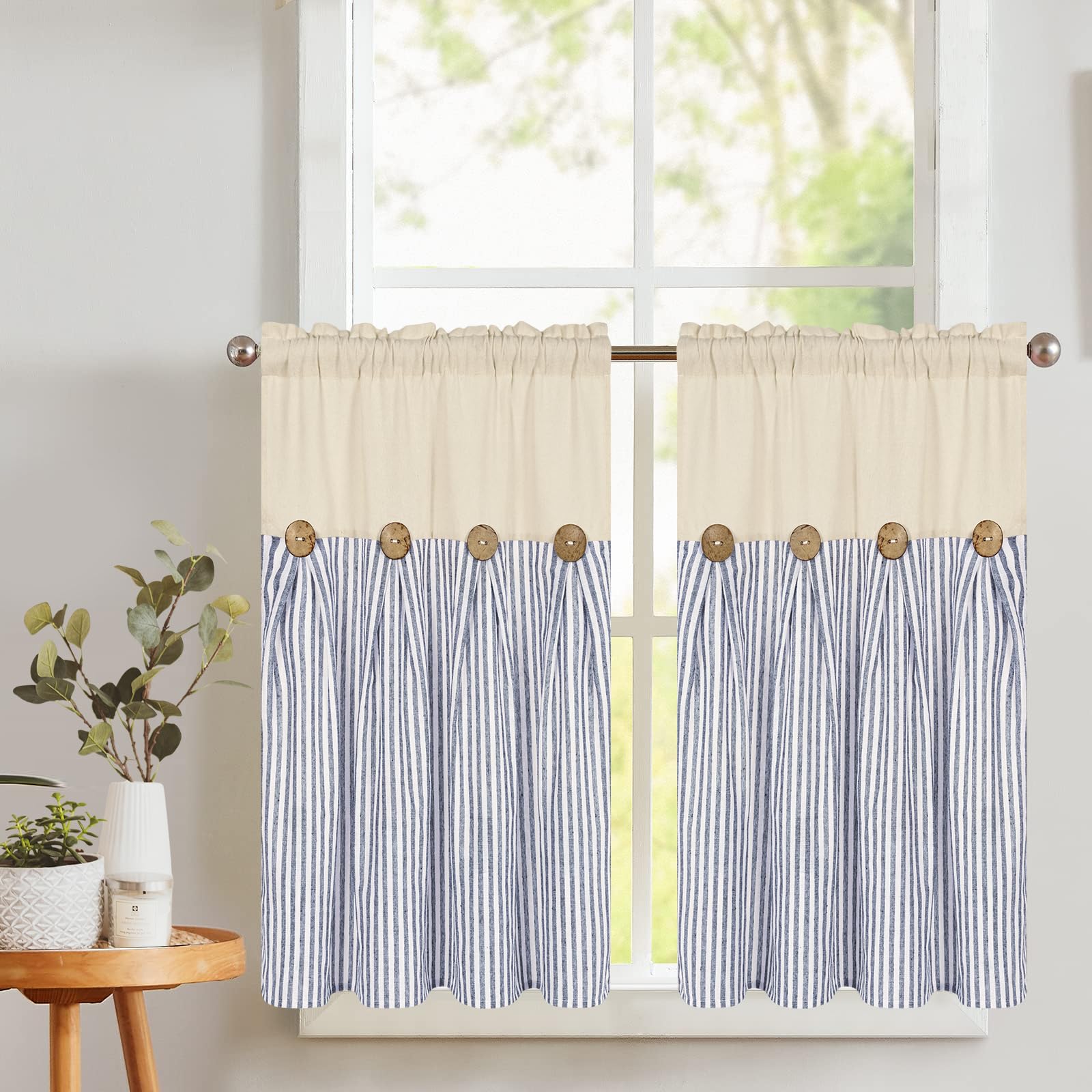 Bleum Cade Cotton Linen Farmhouse Kitchen Curtains 36 Inch Boho Rustic Button Tier Curtains Natural/Blue Stripe Color Block Curt