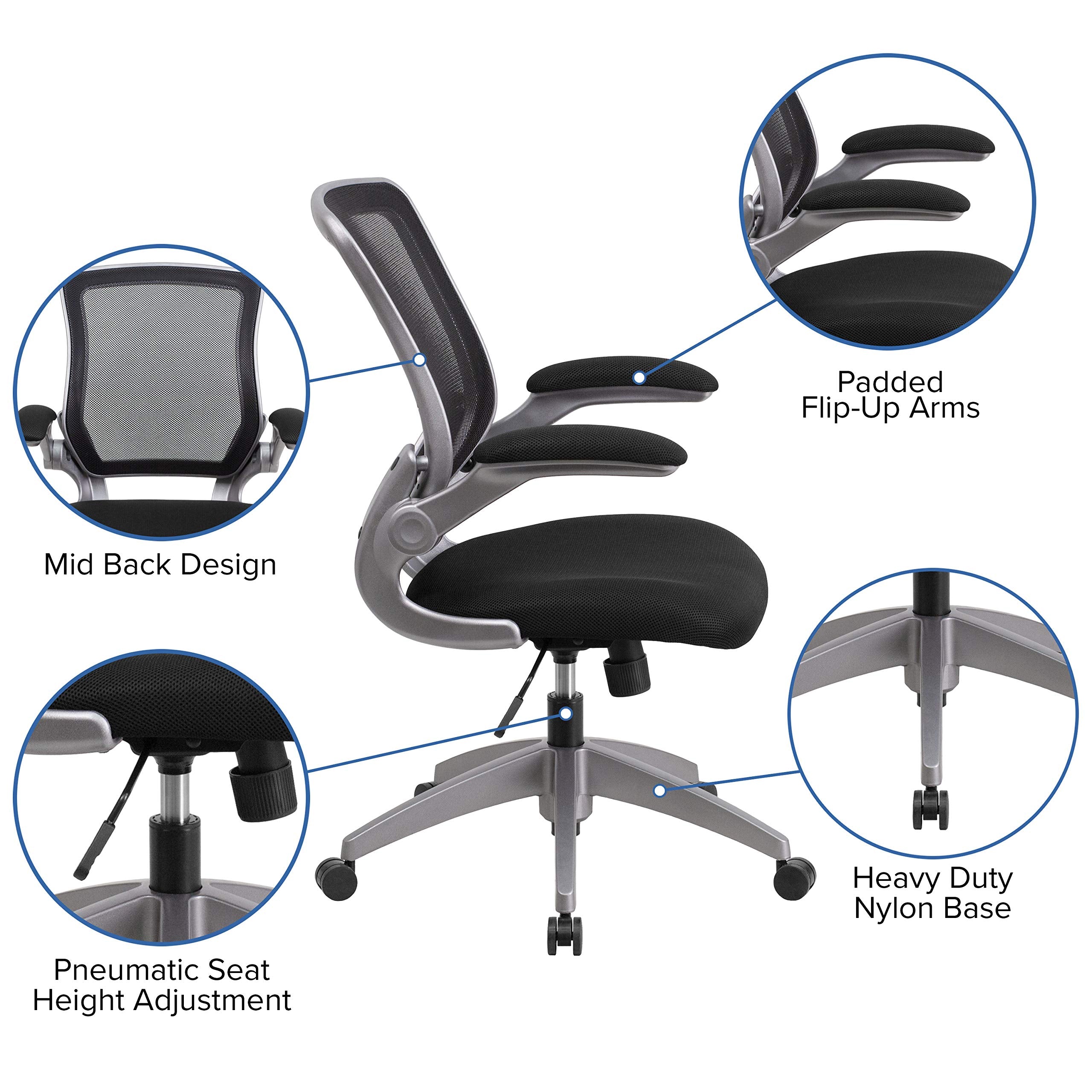 Flash Furniture Kale Mid-Back Black Mesh Swivel Ergonomic Task Office Chair with Gray Frame and Flip-Up Arms