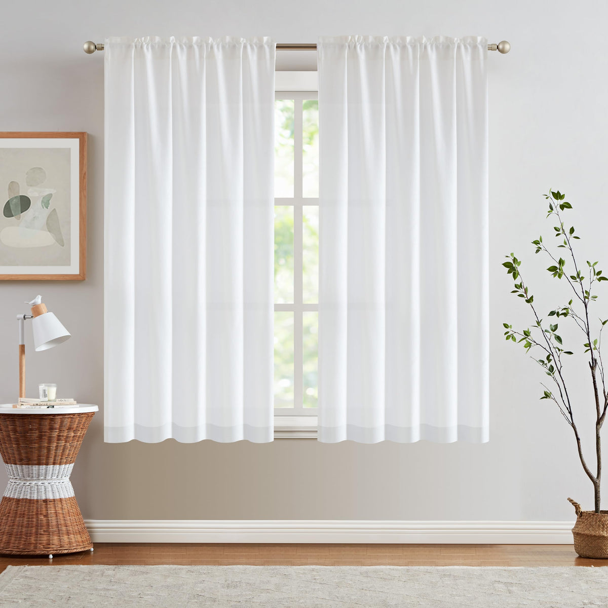 jinchan White Kitchen Curtains 54 Inch Length Cafe Curtains Farmhouse Rustic Short Curtains for Small Window Faux Linen Weave Ti