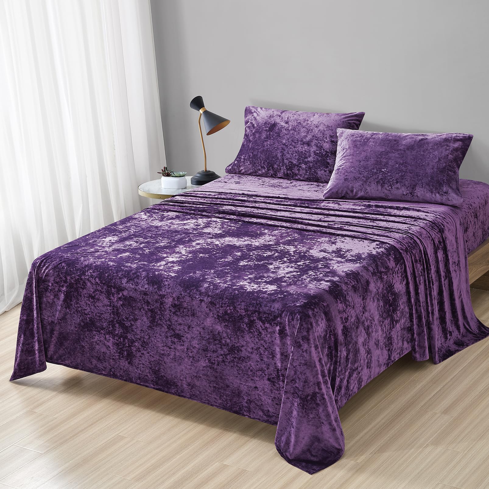 Fredsure Distressed Velvet Sheet Set, 4 Pieces Purple King, Ultra Soft, Warm
