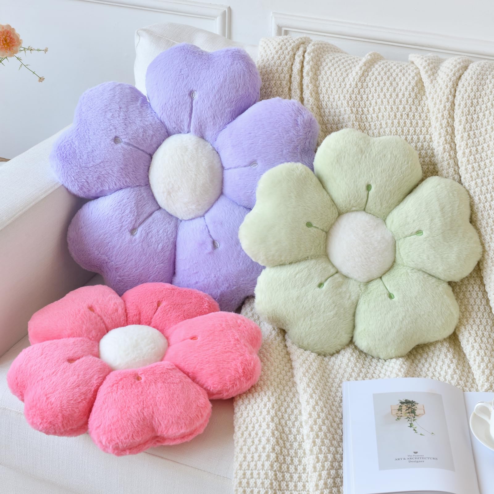 Ddliury Flower Pillow, Flower Shaped Pillow Decorative Throw Pillows For Bed Couch, Cute Daisy Pillow Dorm Decor Floor Seating Cushion (Green, 15 Inches)