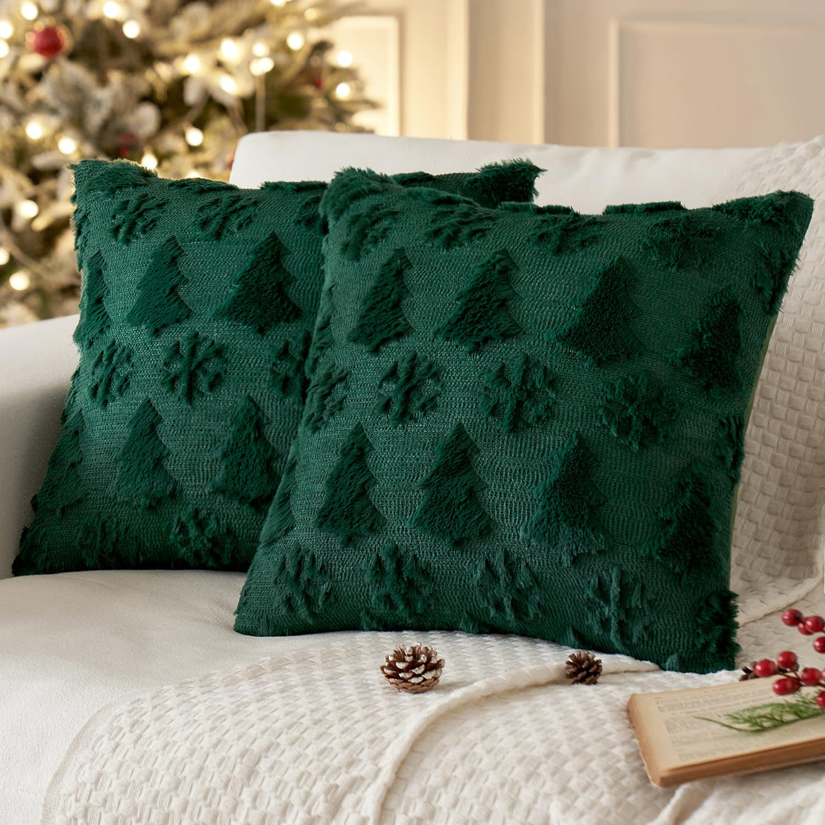 Miulee Christmas Tree And Snowflakes Pillow Covers 20X20 Inch Dark Green Throw Pillows Set Of 2 Decorative Soft Fluffy Pillowcas