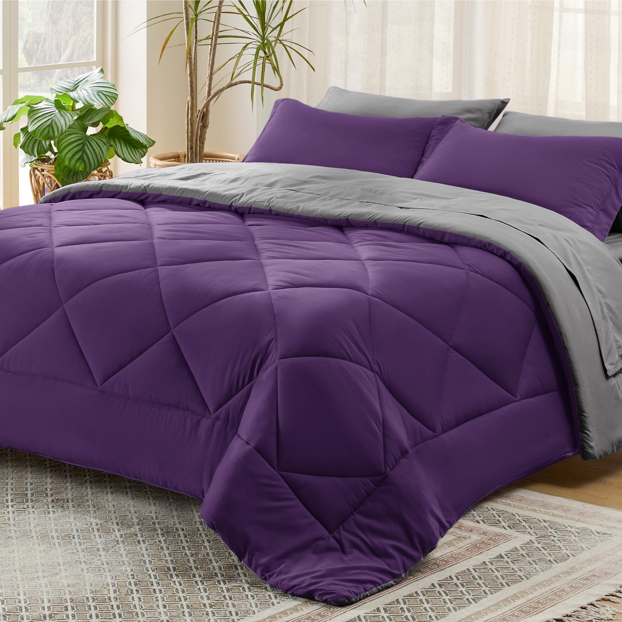 Bedsure Purple Full Comforter Set - 7 Pieces Reversible Bed Set Bed In A Bag Full With Comforters, Sheets, Pillowcases & Shams,