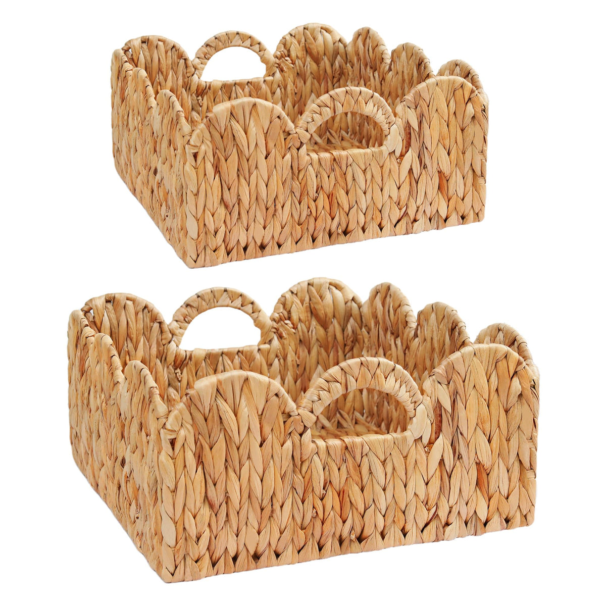VILSSOVY Square Scalloped Basket Set, Water Hyacinth Shelf Baskets, 2 Pack