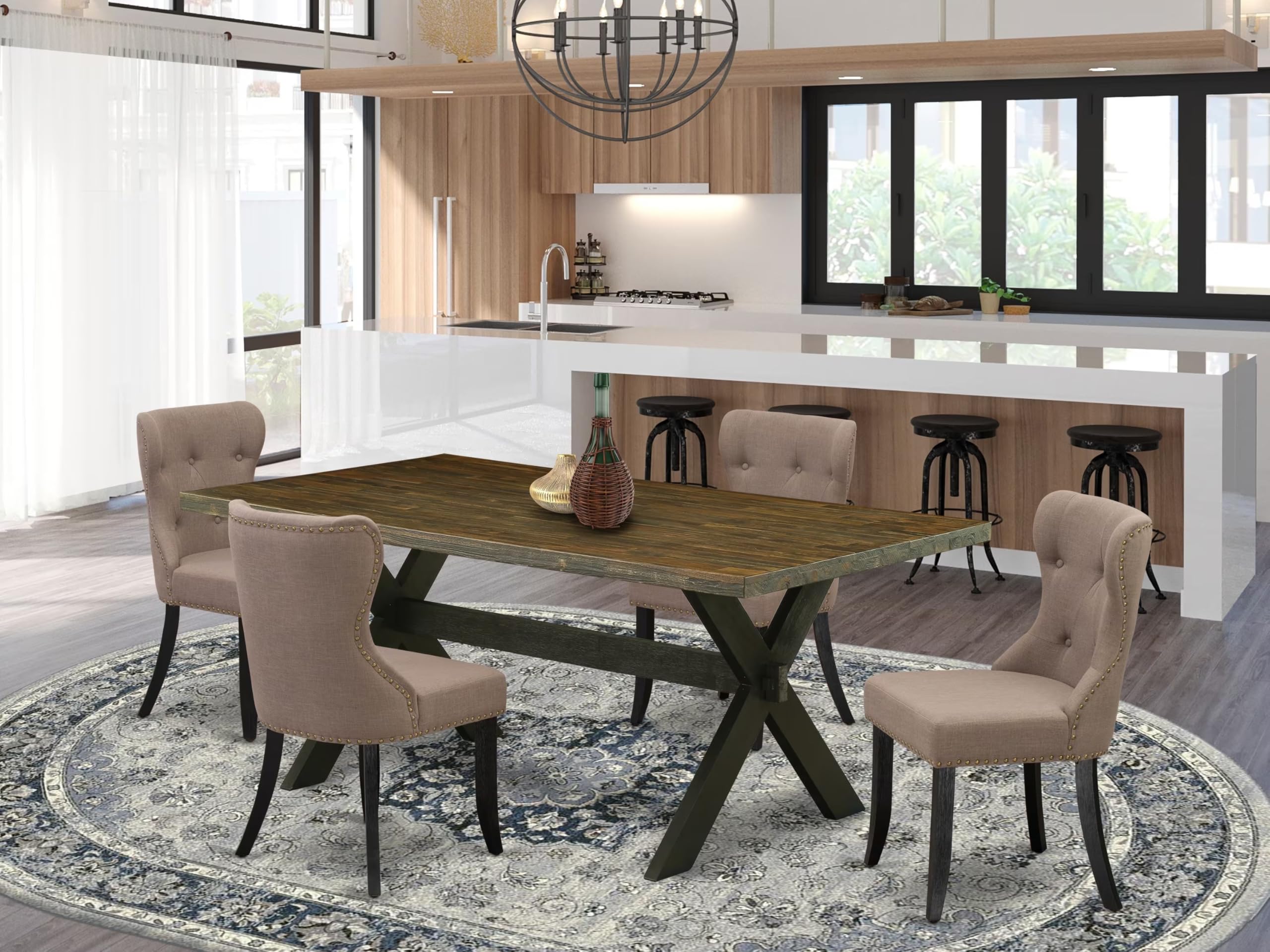 East West Furniture X677Si648-5 5 Piece Dinette Set For 4 Includes A Rectangle Dining Room Table With X-Legs And 4 Coffee Linen Fabric Upholstered Parson Chairs, 40X72 Inch, Multi-Color