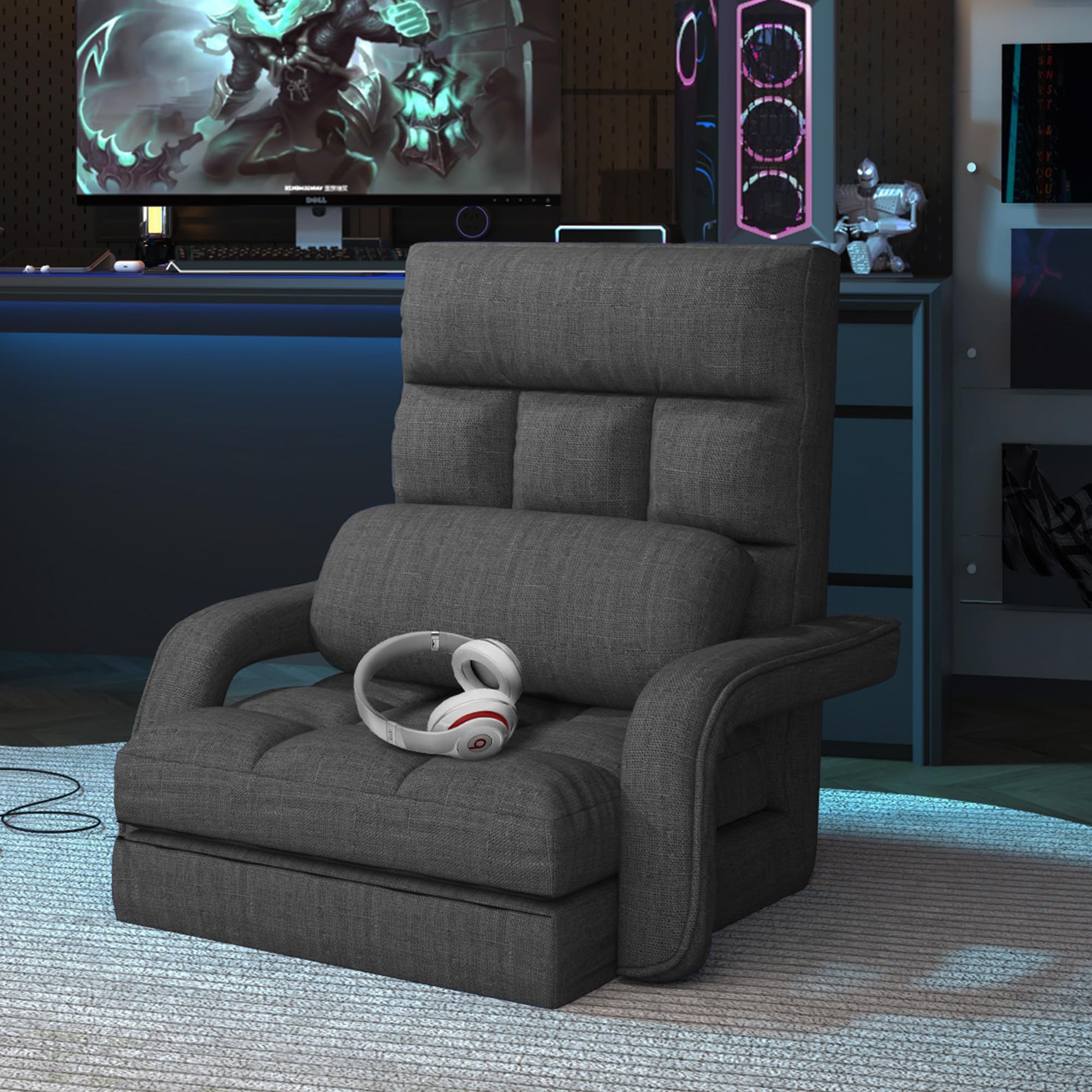 Adjustable Floor Gaming Chair for Adults, 6-Position Chaise Lounge Chair with Meditation Arm, Foldable Lazy Sofa with Pillow, Co