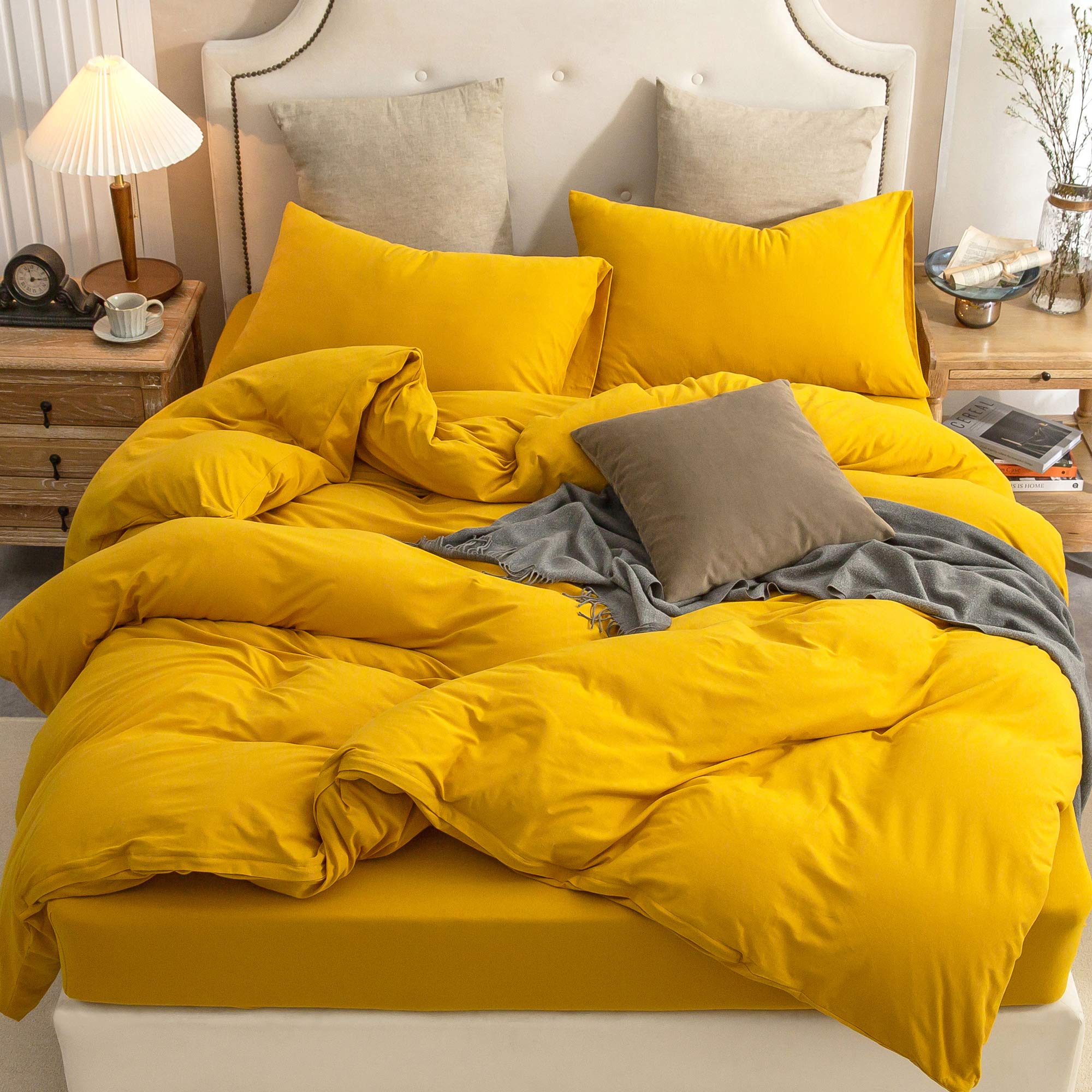 Pure Era Jersey Knit Duvet Cover Set 100% T-Shirt Cotton Super Soft Comfy 3Pc Bedding Set With Zipper Closure (Solid Yellow, Kin