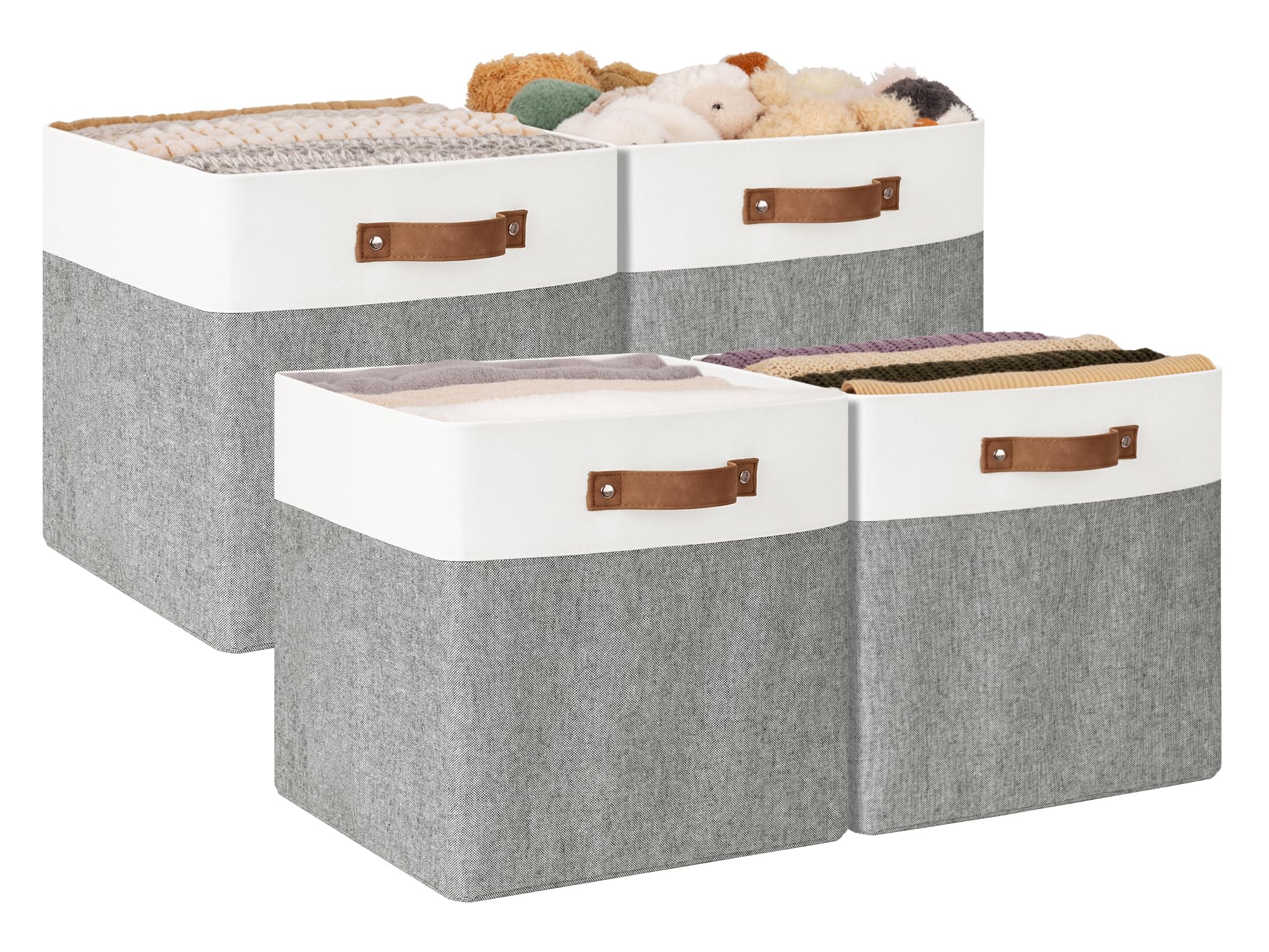 StorageWorks 13x13 Storage Cubes, Collapsible Storage Bins Organizer for Closet, Fabric Storage Box with PU Handles, Grey and Wh