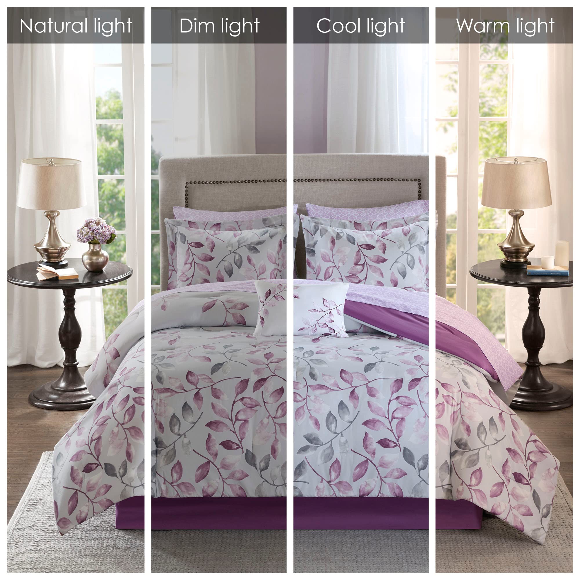 Madison Park Essentials Cozy Bed In A Bag Comforter With Complete Cotton Sheet Set - Trendy Floral Design All Season Cover, Decorative Pillow, Twin(68'X86'), Leaf Purple 9 Piece