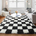 KICMOR 5x8 Area Rug for Living Room, Black and White Fluffy Shag Fuzzy Plush Soft Checkered Rugs for Bedroom, Big Large Shaggy R