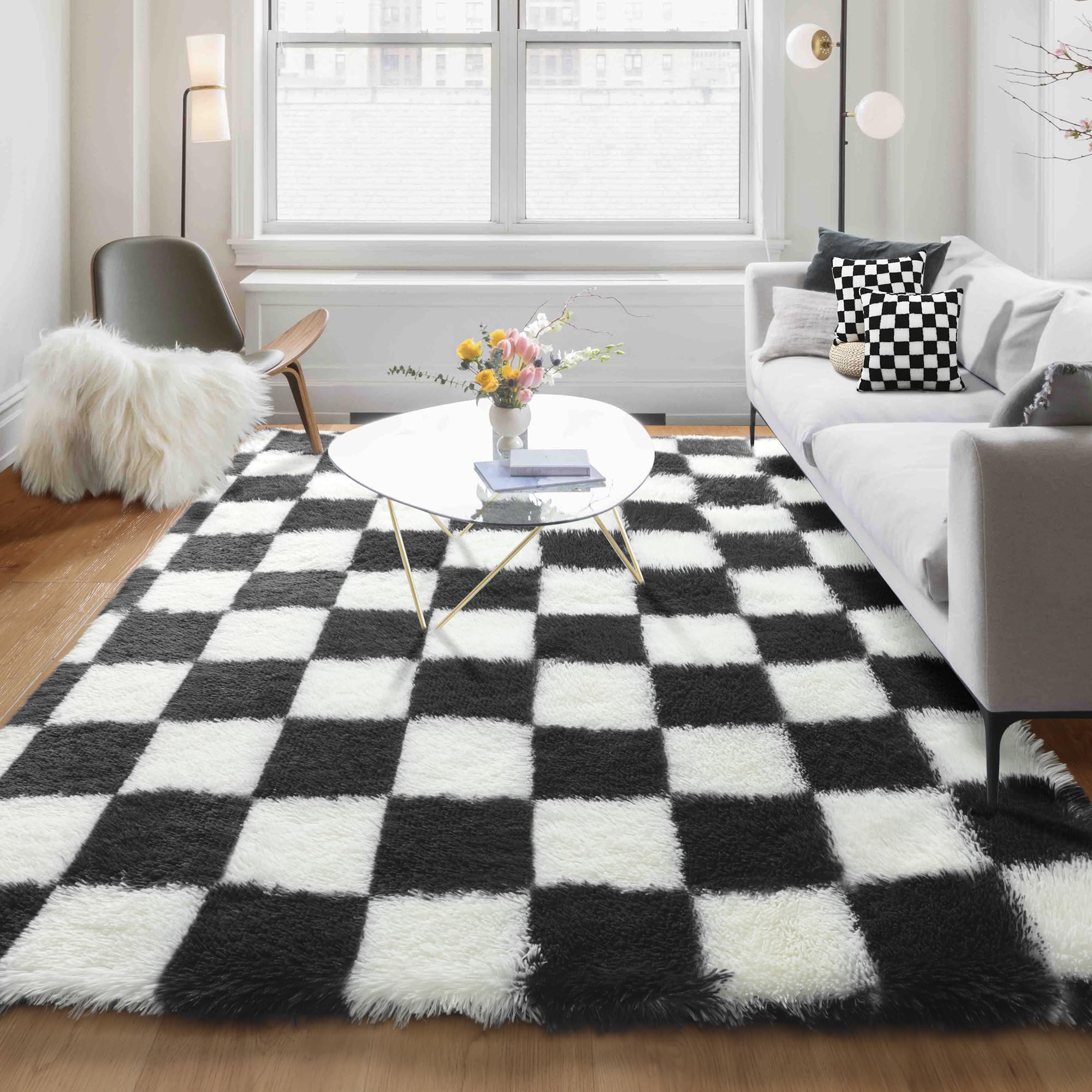 KICMOR 5x7 Rug for Living Room Bedroom, Fluffy Black and White Area Rug Fuzzy Shaggy Floor Carpets, Big Large Soft Plush Checker